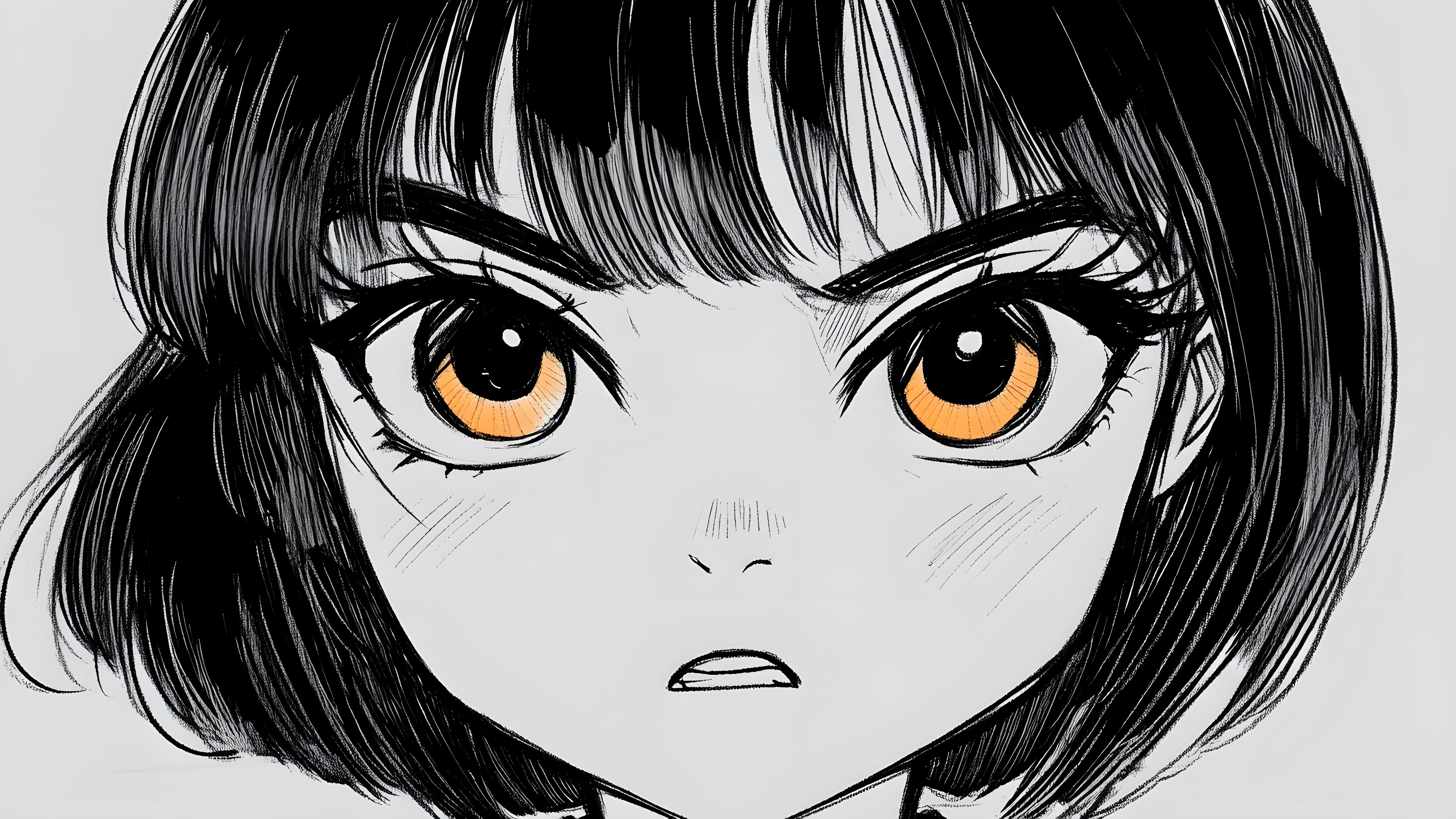 Head, Eyebrow, Hairstyle, Eye, Facial expression, Cartoon, Black hair, Eyelash, Drawing, Line art, Bangs, Illustration, Animated cartoon, Animation, Anime, Fictional character, Sketch, Graphics, Fiction, No expression