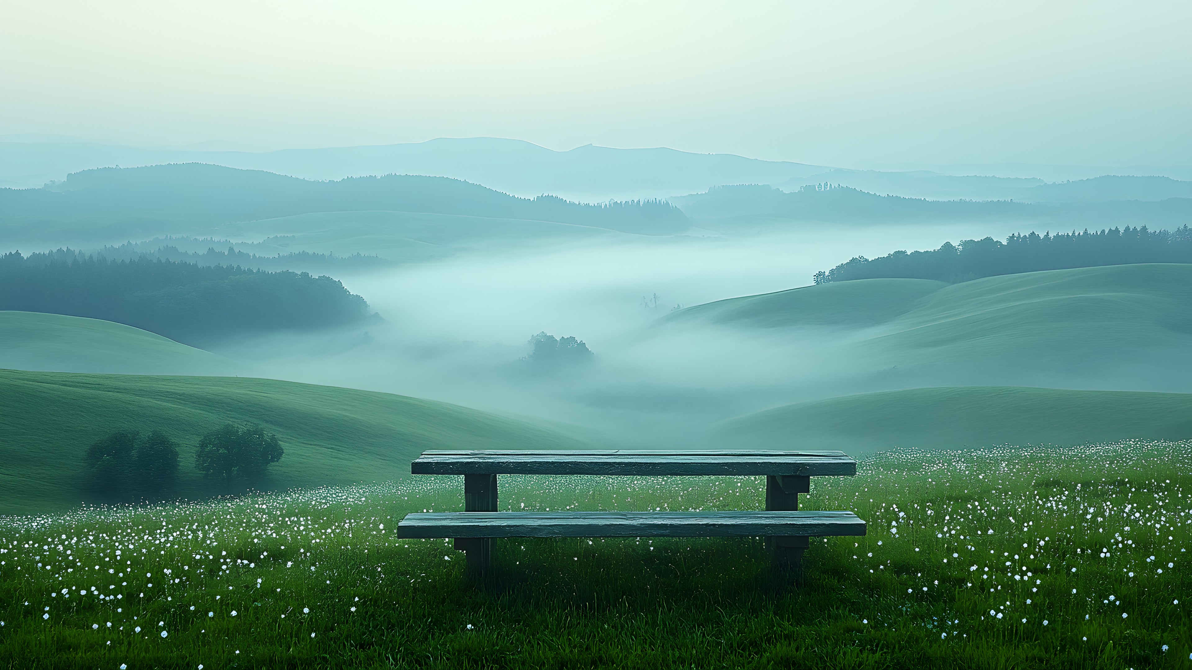 Green, atmospheric phenomenon, Natural landscape, Outdoor Bench, Grassland, Mist, Hill, Plain, Bench, Fog, Grasses, Morning, Meadow, Hill station, Outdoor furniture, Haze, Field, Pasture, Prairie, Hinterland