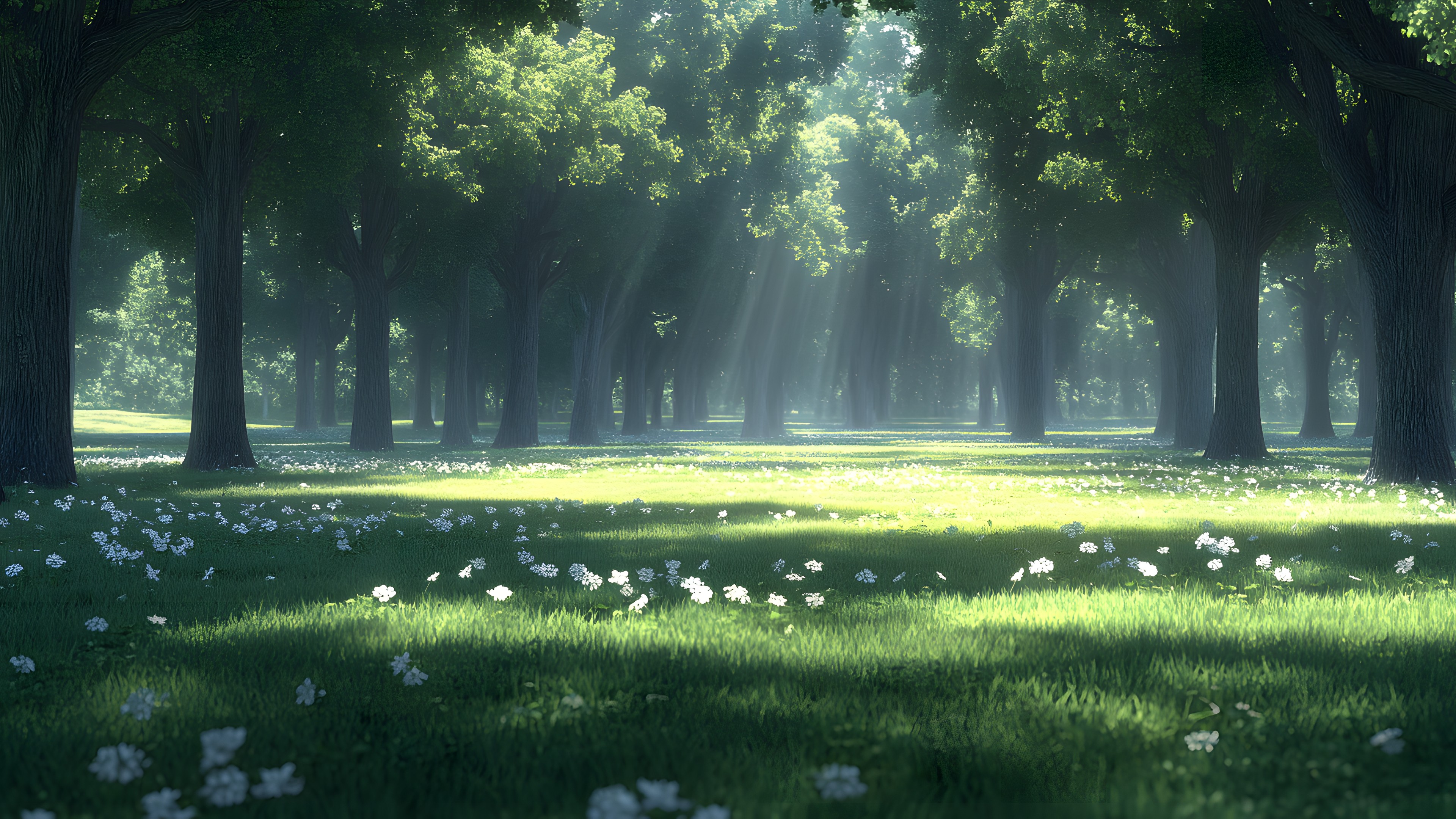 Green, Nature, Natural environment, atmospheric phenomenon, Grasses, Spring, Forest, Sunlight, Woody plant, Meadow, Field, Woodland, Herbaceous plant, Lawn, Grove, Wildflower, Plantation, Northern hardwood forest, Temperate broadleaf and mixed forest