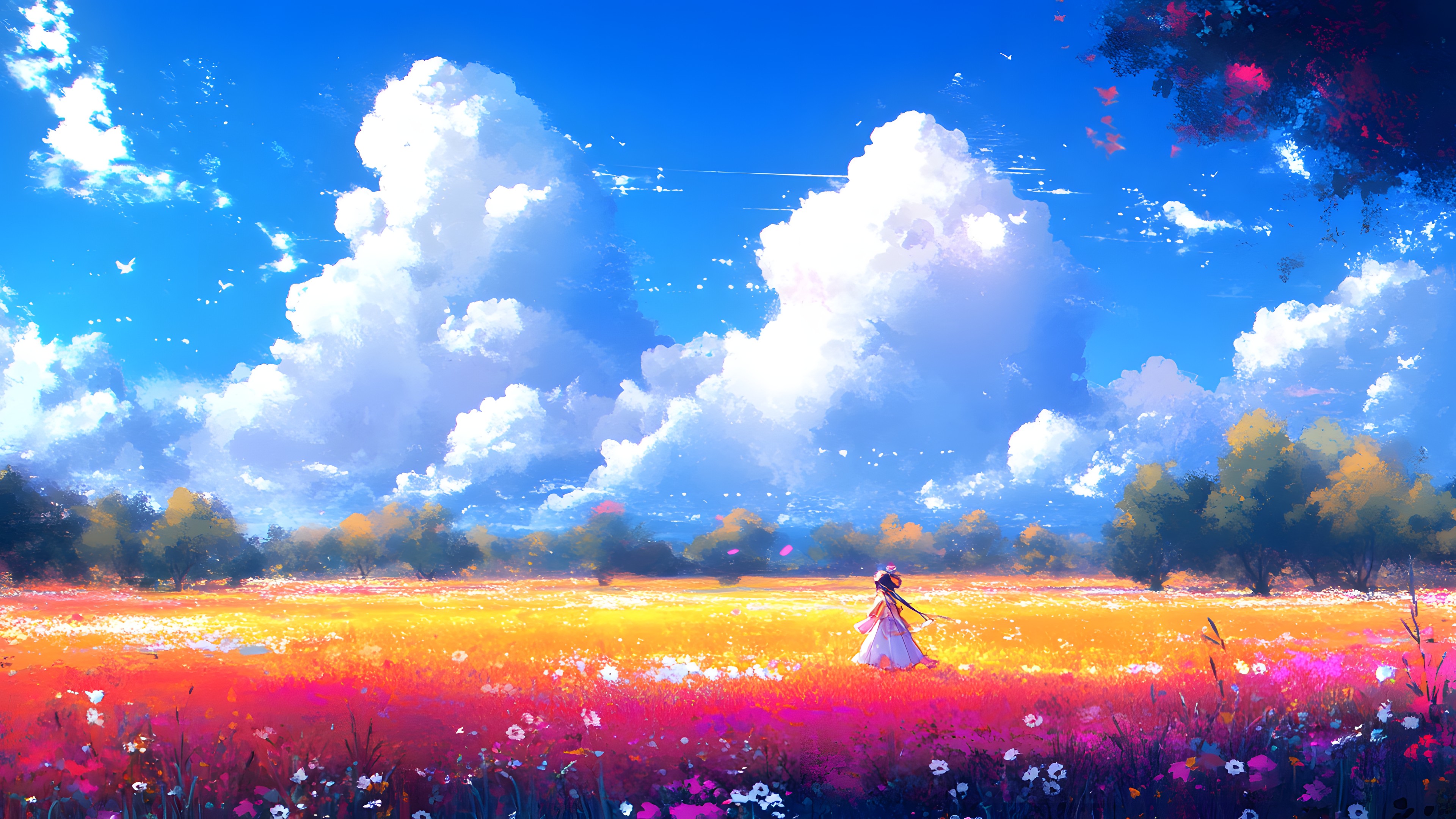 Blue, Cloud, Meteorological phenomenon, Field, Cumulus, Animation, Fictional character, Evening, Wind, Agriculture, Watercolor painting, CG artwork, Anime, Sunrise