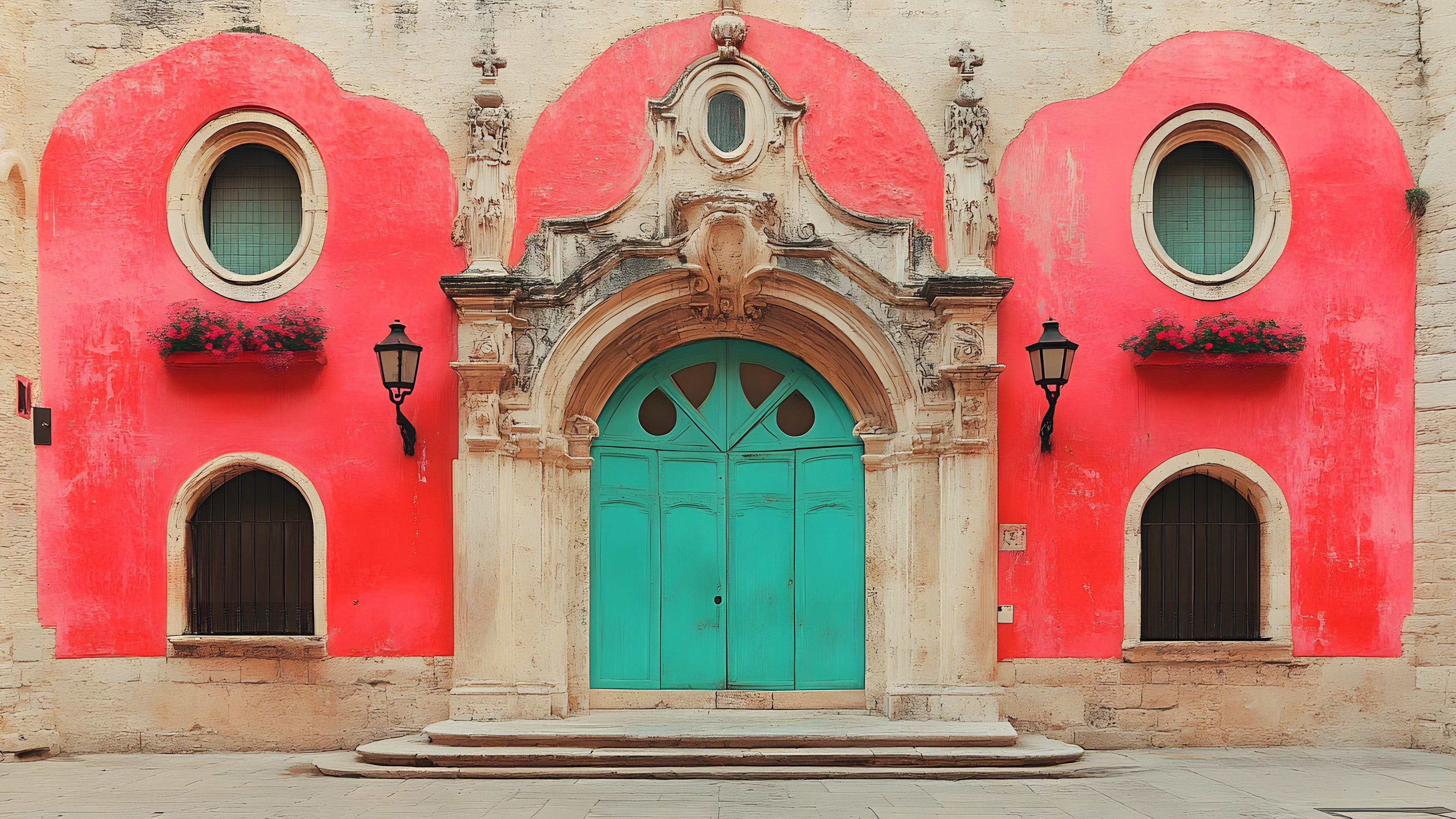 Property, Building, Window, House, Door, Fixture, Red, Art, Facade, Brick, Symmetry, Tints and shades, Beauty, Arch, Arcade, Landscape, Wood, Medieval architecture, Column, Brickwork