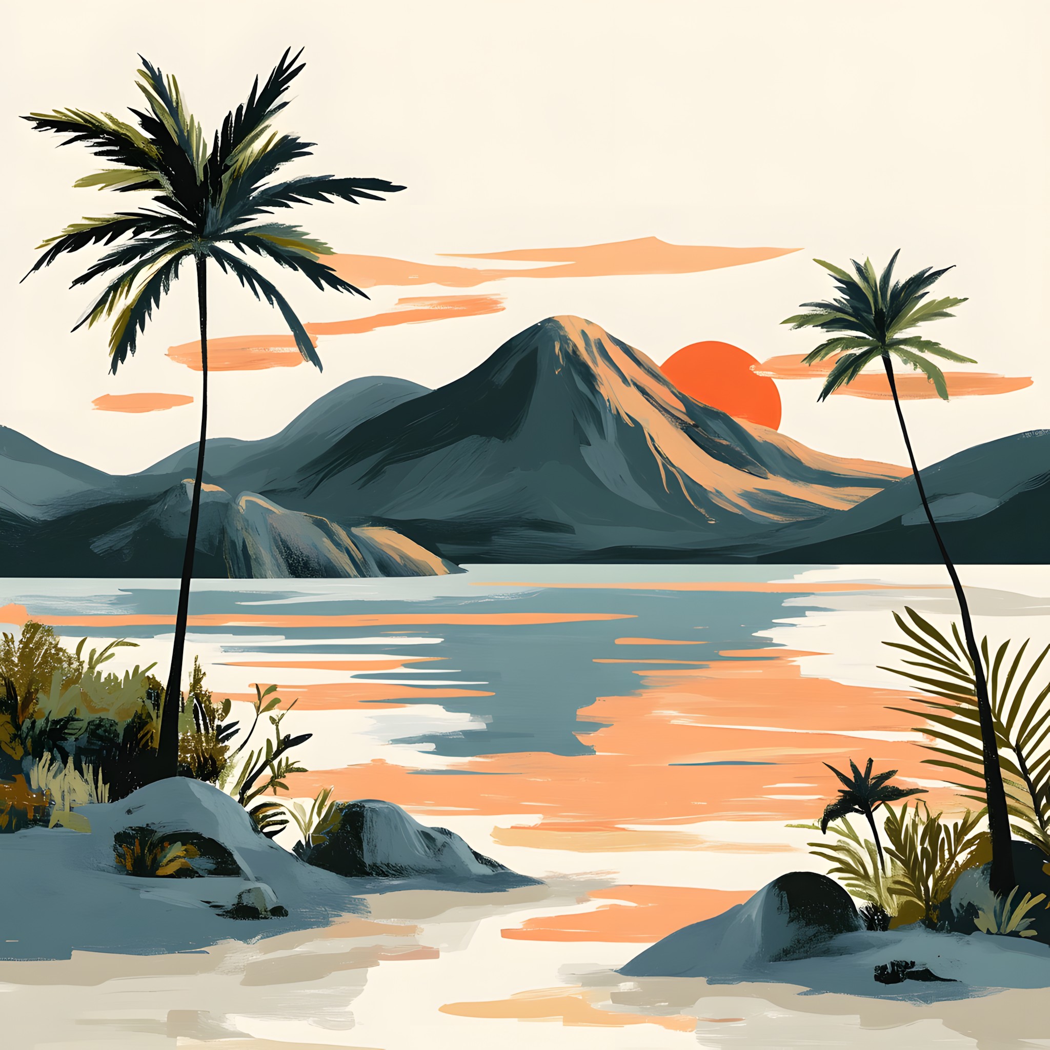 Palm trees, Mountain river, Tropics, Lake District, California palm, Sunset, Sunrise