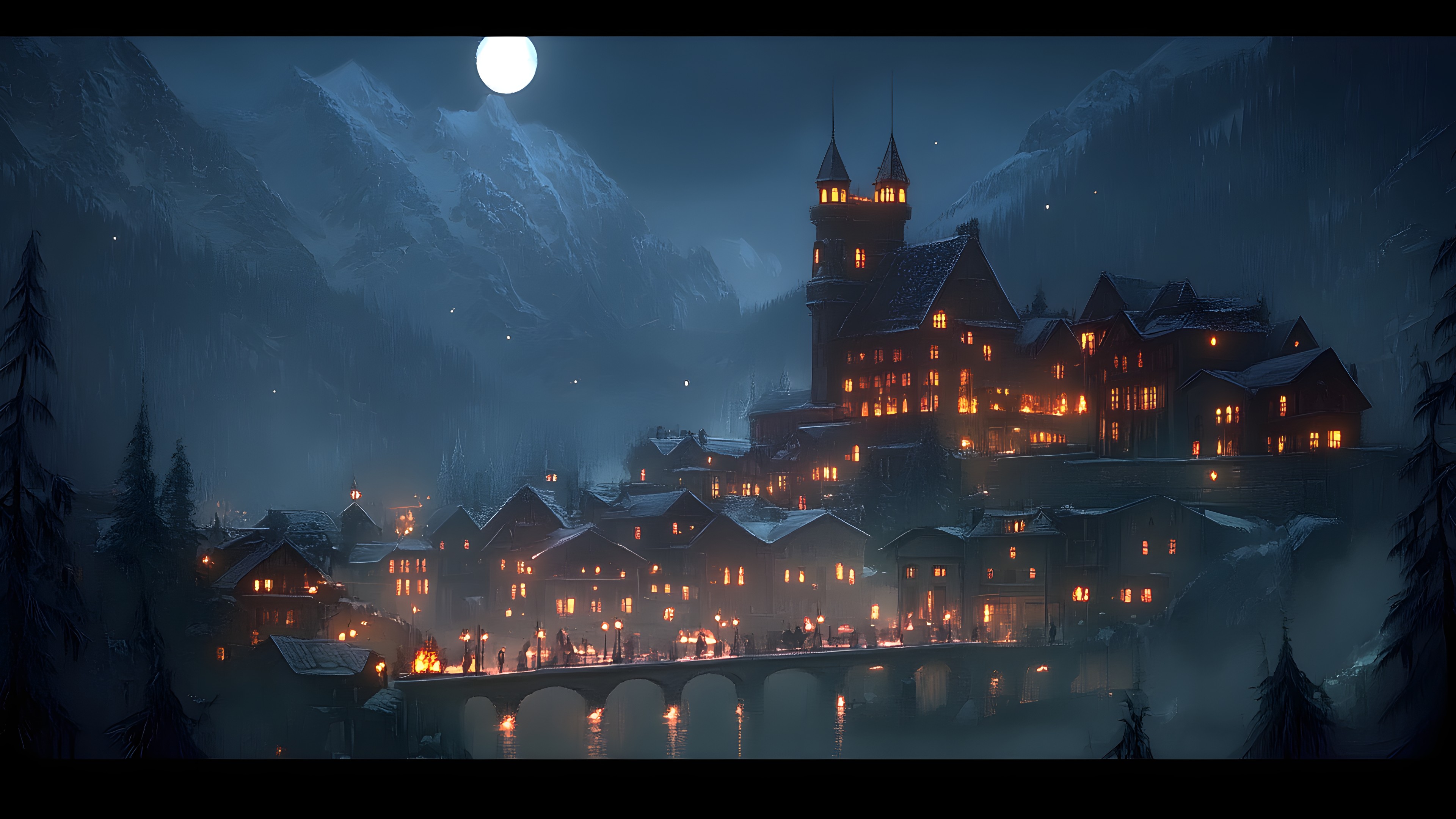 Evening, atmospheric phenomenon, Winter, Night, Dusk, Mountain range, Village, Mist, Mountain Village, Game, Midnight, Spire, Fog, Haze, Digital compositing, PC game, Steeple, Moonlight, Animation, Turret