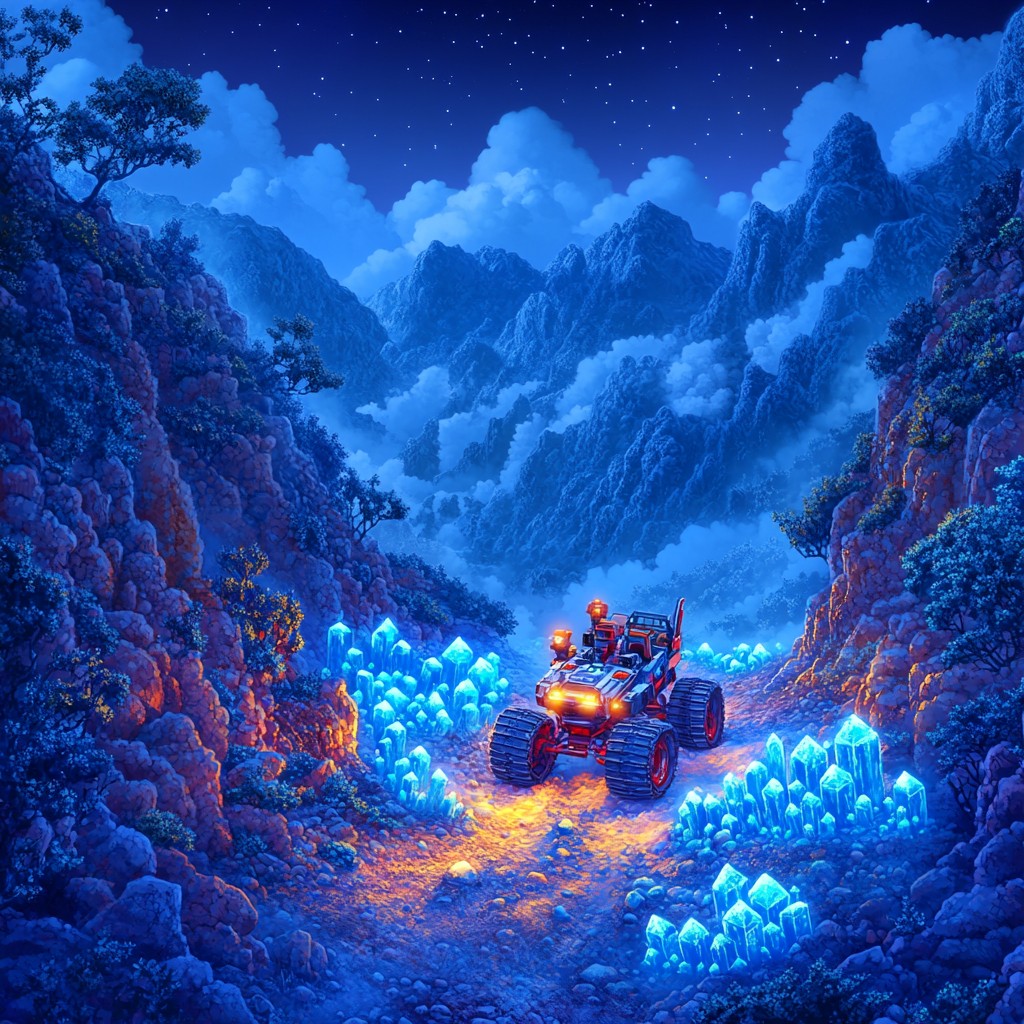 Monster truck, Animation, Game, Astronomical object, Star, All-terrain vehicle, PC game, Graphics, Night, Fiction, CG artwork, Winter, Video Game Software, Fictional character, Graphic design, Digital compositing, Off-road vehicle, Outer space