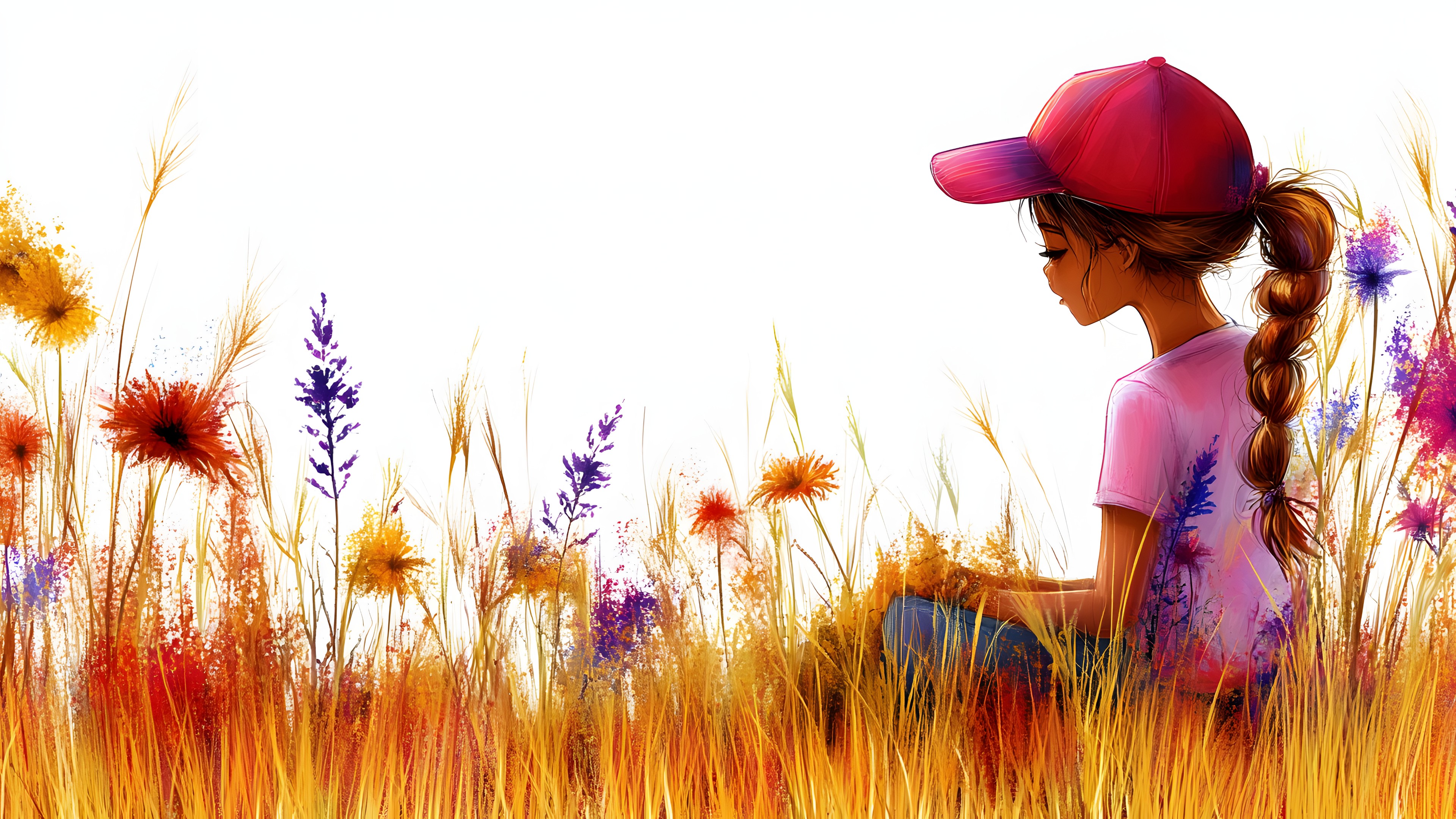 Pink, People in nature, Animation, Petal, Meadow, Animated cartoon, Field, Wildflower, Happiness, Child, Graphics, CG artwork, Fictional character