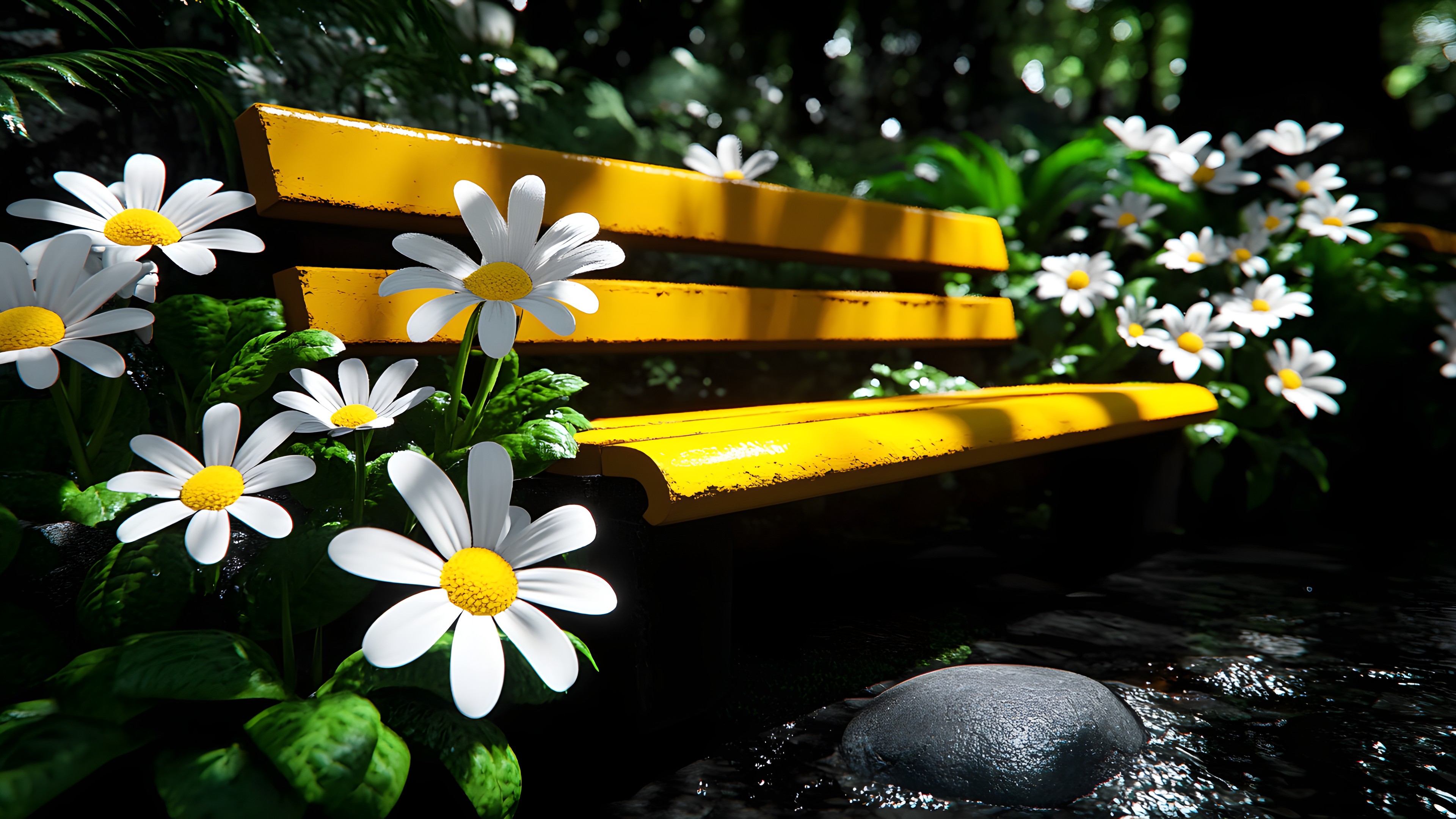 Flower, Yellow, Outdoor Bench, Petal, Spring, Bench, Outdoor furniture, Daisy family, Plant stem, Bellis, Marguerite daisy, Common daisy, Roman chamomile, Chamomile, Wildflower, Oxeye daisy, Perennial plant, Floral design, Tanacetum, Asterales