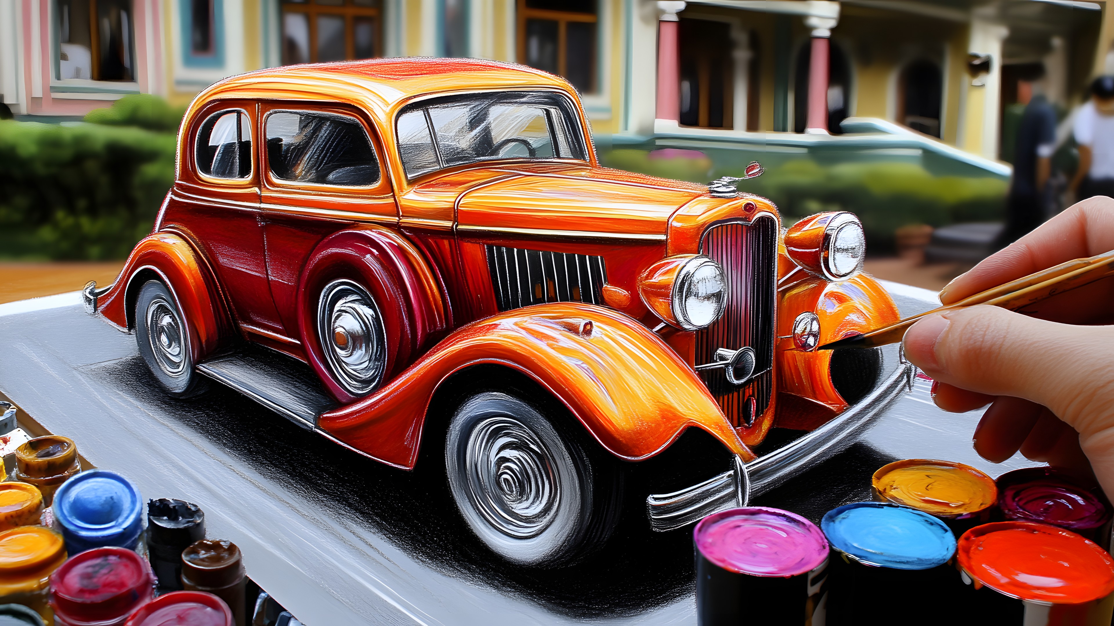 Motor vehicle, Car, Classic car, Automotive lighting, Antique car, Vintage car, Car door, Fender, Hood, Paint, Watercolor painting, Bumper, Kit car, Model car, Hardtop, Grille, Hubcap, Headlamp, Art Paint, Custom car