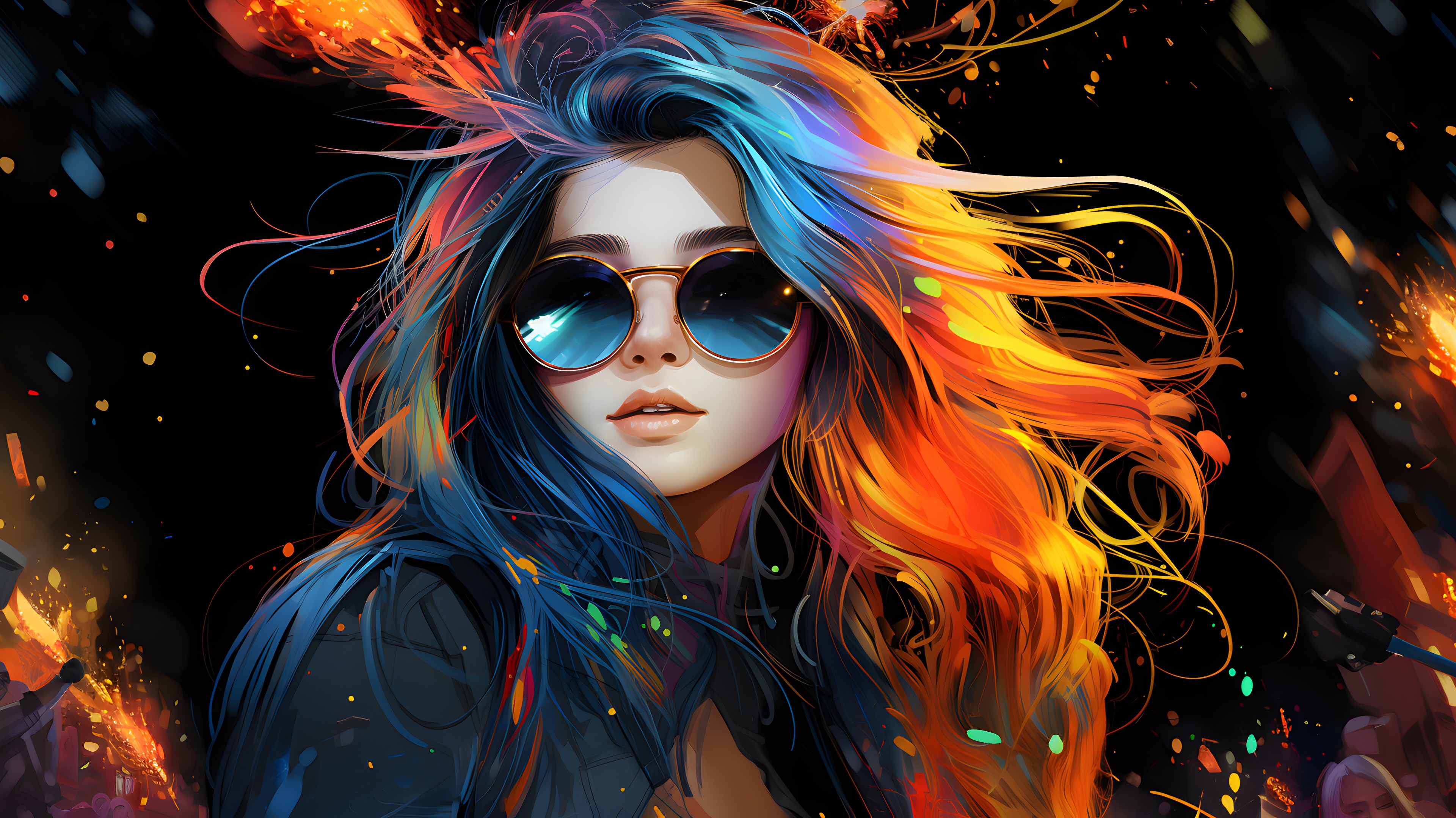 Glasses, Vision care, Sunglasses, Eyewear, Art, Cartoon, Cg artwork, Black hair, Cool, Goggles, Eyelash, Flash photography, Electric blue, Beauty, Long hair, Space, Fictional character, Fashion design, Event, Graphics