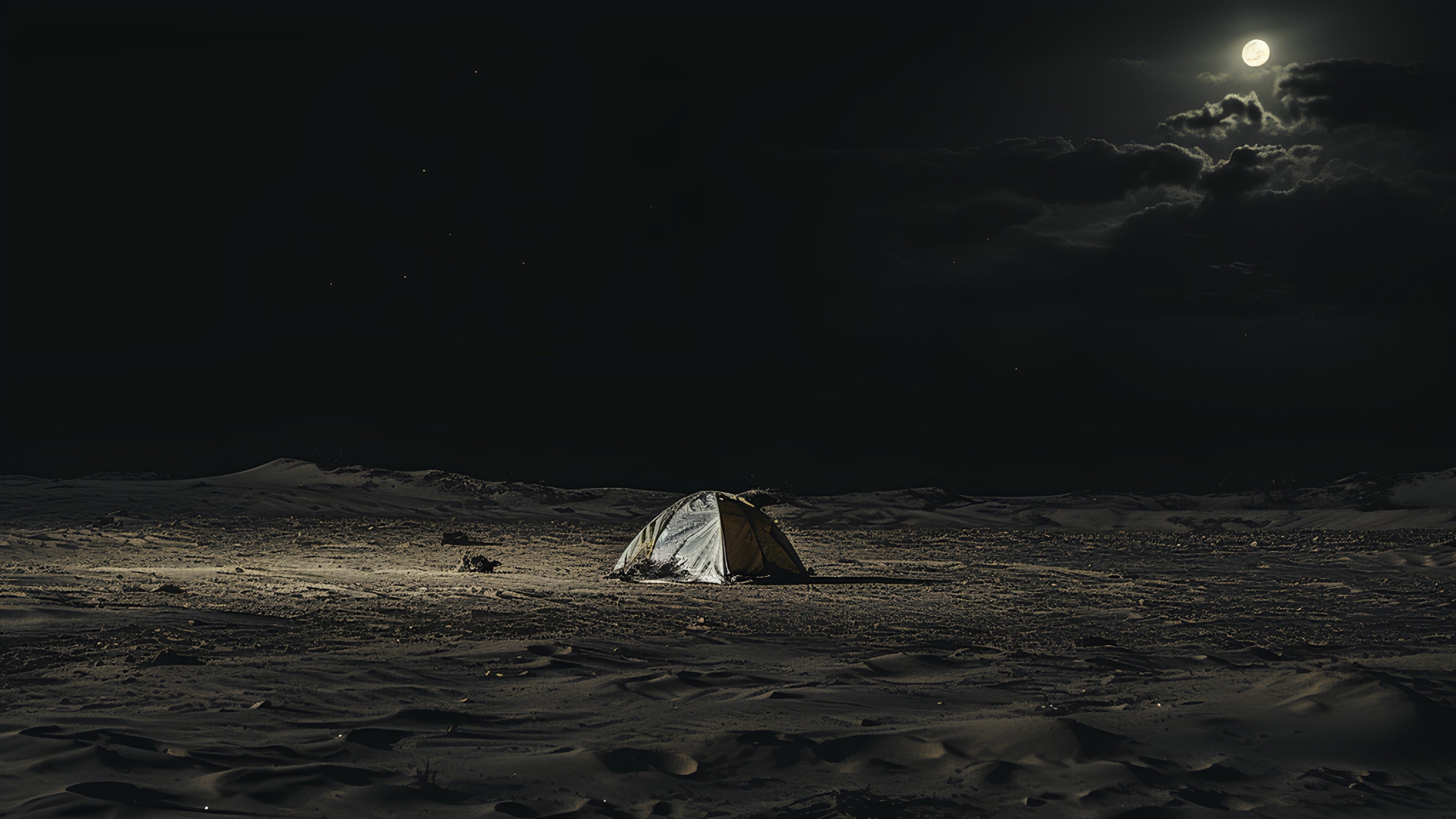 Atmosphere, Moon, Sky, Atmospheric phenomenon, Astronomical object, Cloud, Landscape, Horizon, Space, Midnight, Ice cap, Tent, Darkness, Event, Moonlight, Monochrome photography, Science, Monochrome, Wind wave, Full moon