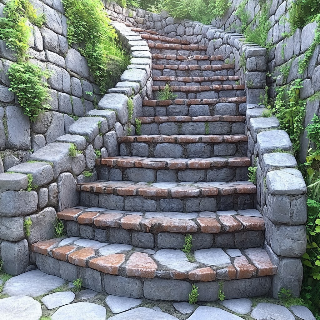 Stairs, Wall, Rock, Stone wall, Cobblestone, Grey, Flagstone, Brick, Building material, Design, Rubble, Landscaping, Moss