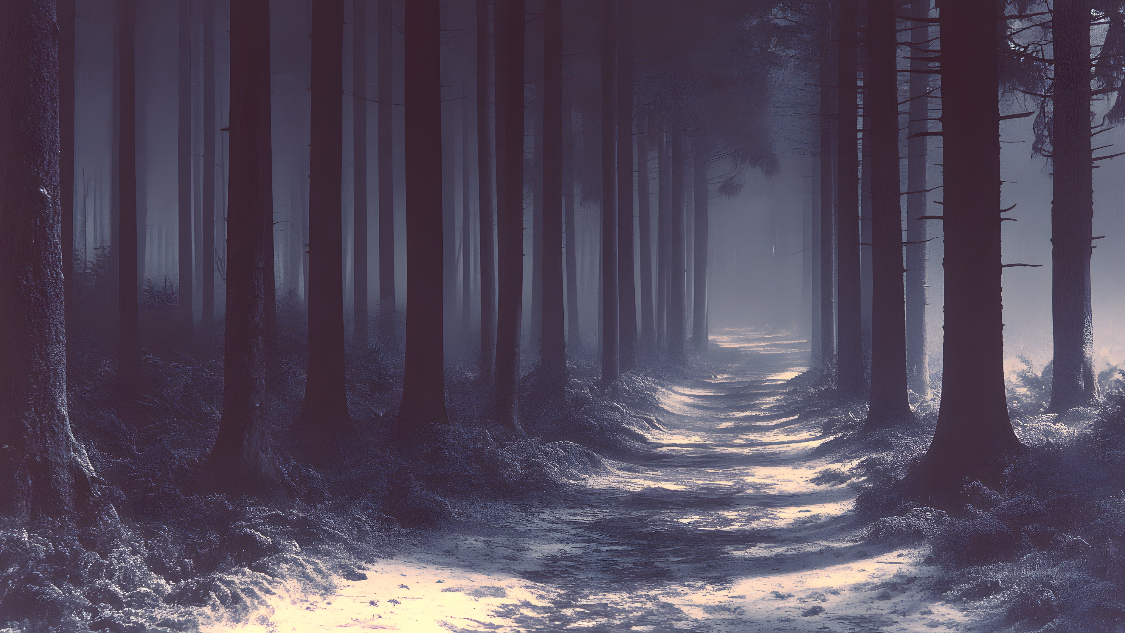 atmospheric phenomenon, Wood, Forest, Spruce-fir forests, Mist, Woodland, Fog, Trunk, Grove, Northern hardwood forest, Old-growth forest, Trail, Jungle, Haze, Winter, Temperate broadleaf and mixed forest, Tropical and subtropical coniferous forests, Path, Shadow
