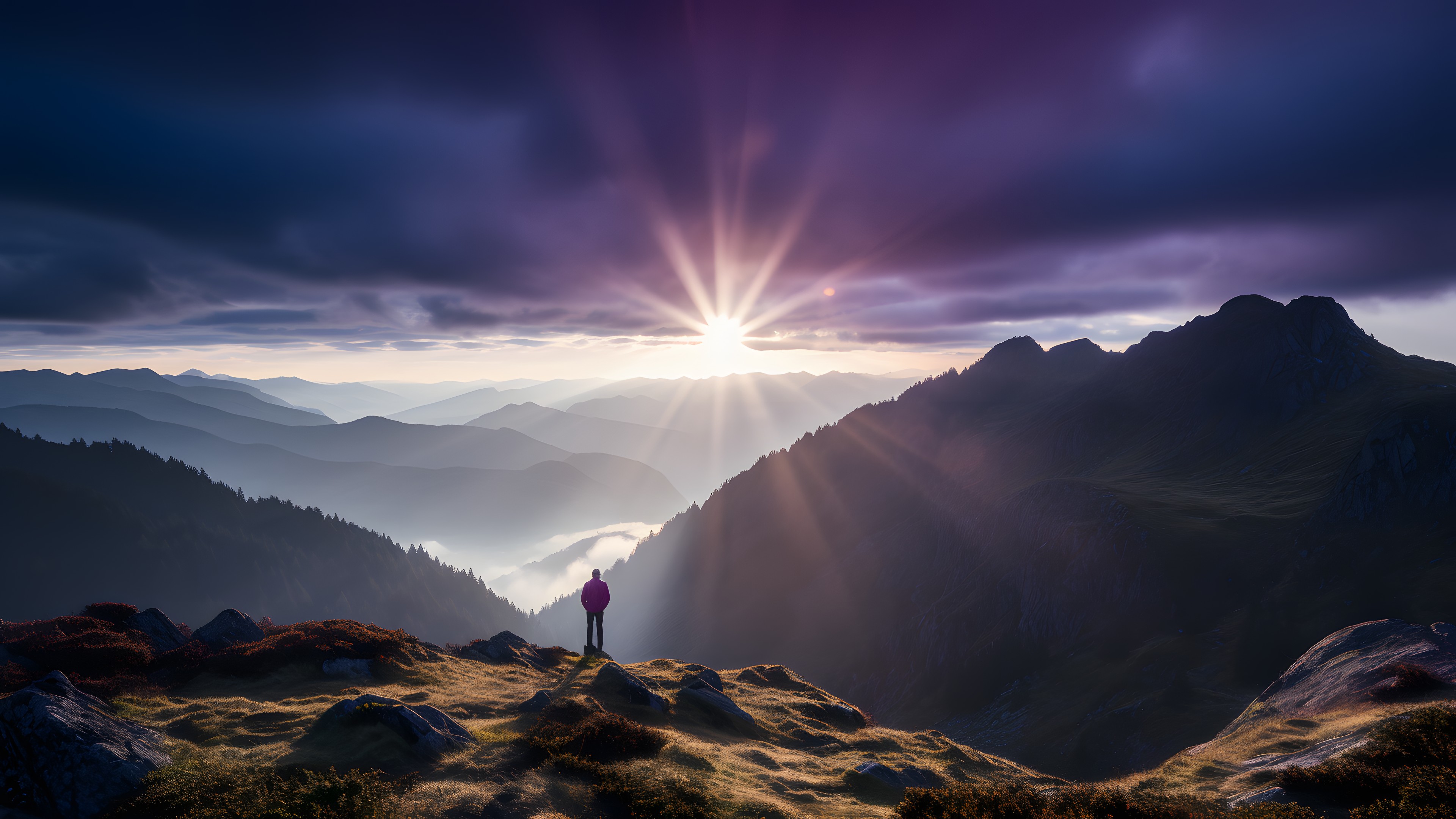 Cloud, Sky, Atmosphere, Mountain, Dusk, Sunlight, Natural landscape, Slope, Sunrise, Sunset, Atmospheric phenomenon, Afterglow, Terrain, Horizon, Tree, Landscape, People in nature, Beauty, Dawn, Hill