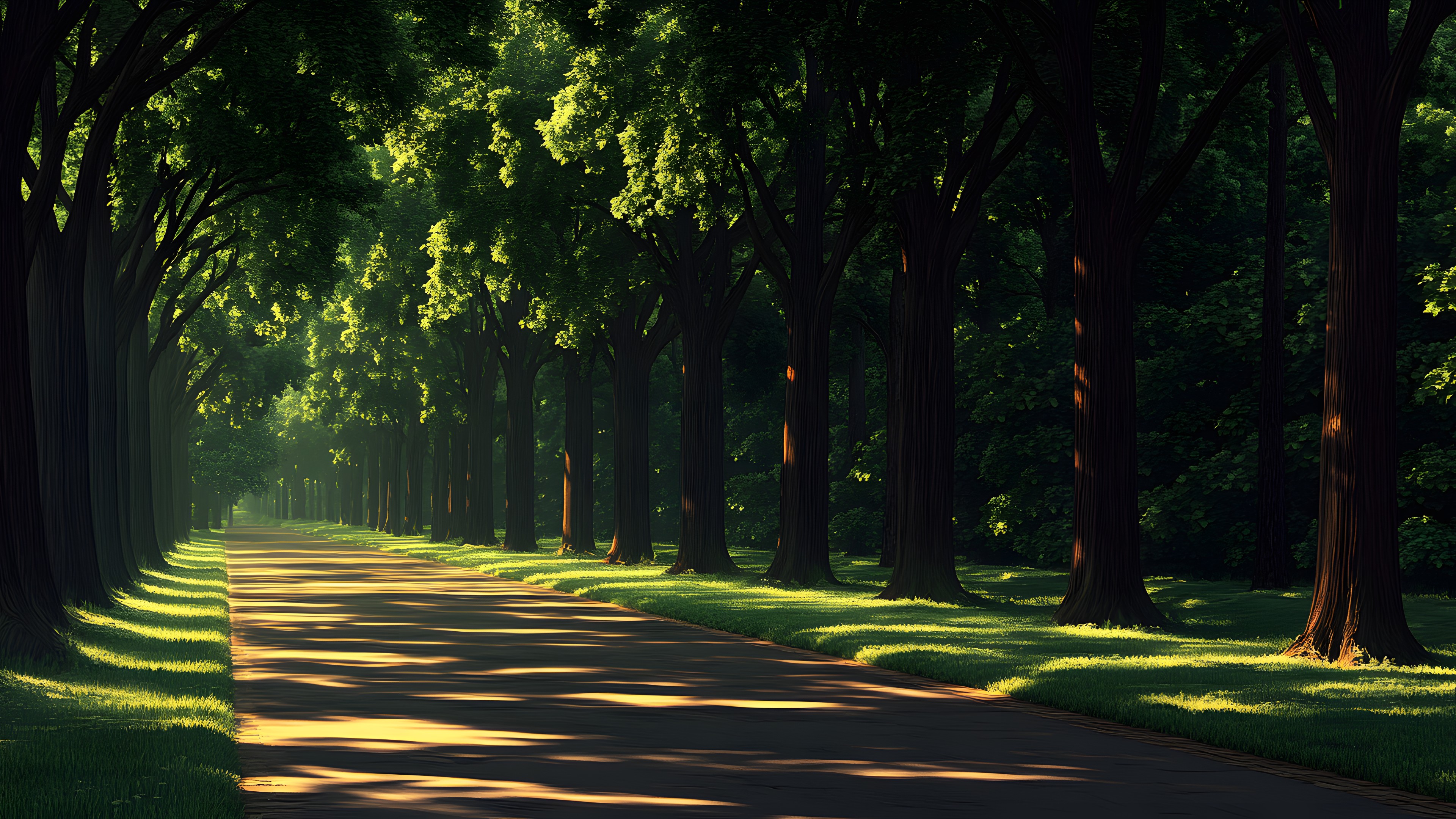 Leaf, Green, Nature, Tree, Natural environment, Grass, Branch, Natural landscape, Road, Landscape, Sunlight, Trunk, Forest, Shade, Thoroughfare, Morning, Woody plant, Spring, Woodland, Grove