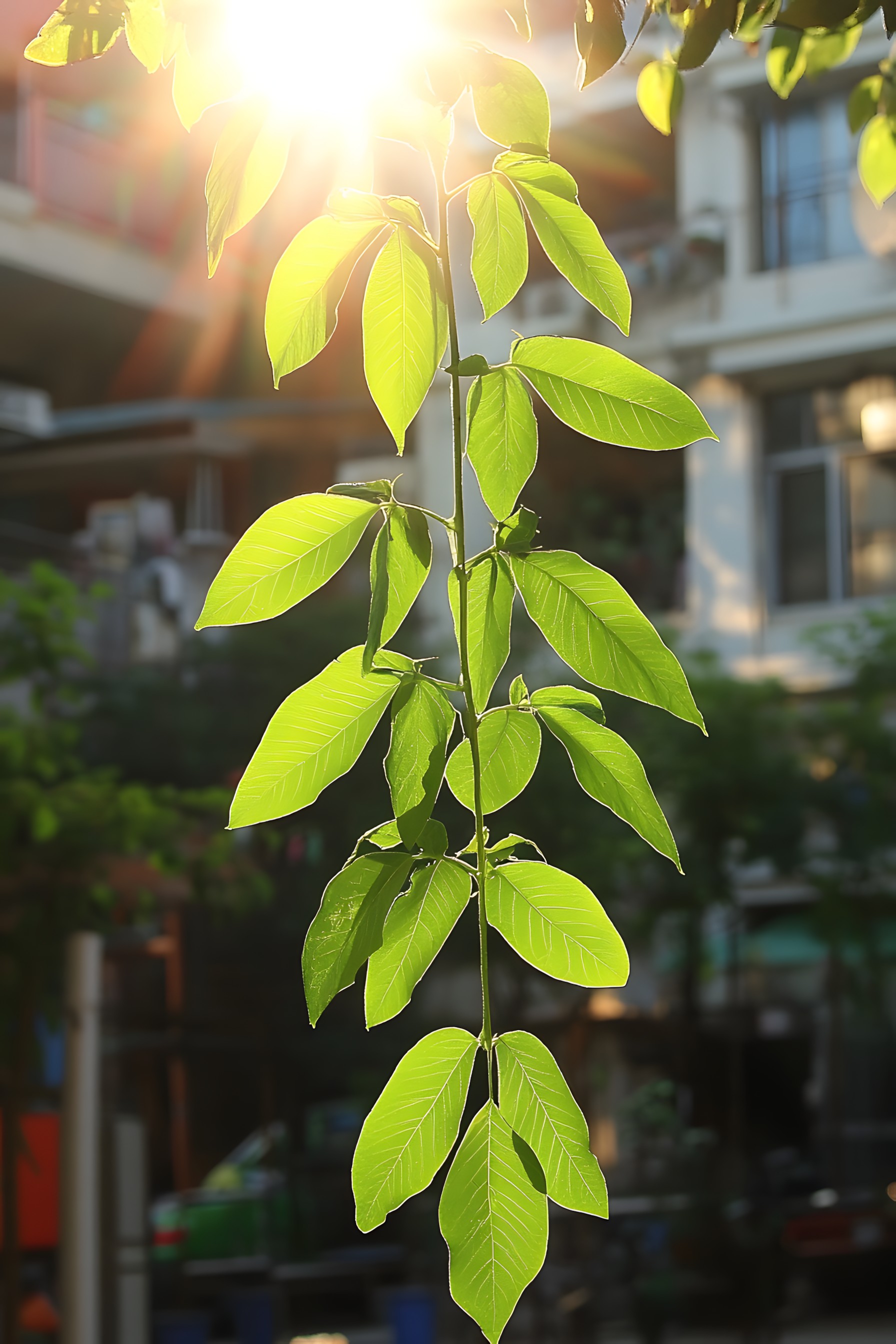 Leaf, Green, Branch, Yellow, Twig, Woody plant, Sunlight, Plant stem, Mahogany