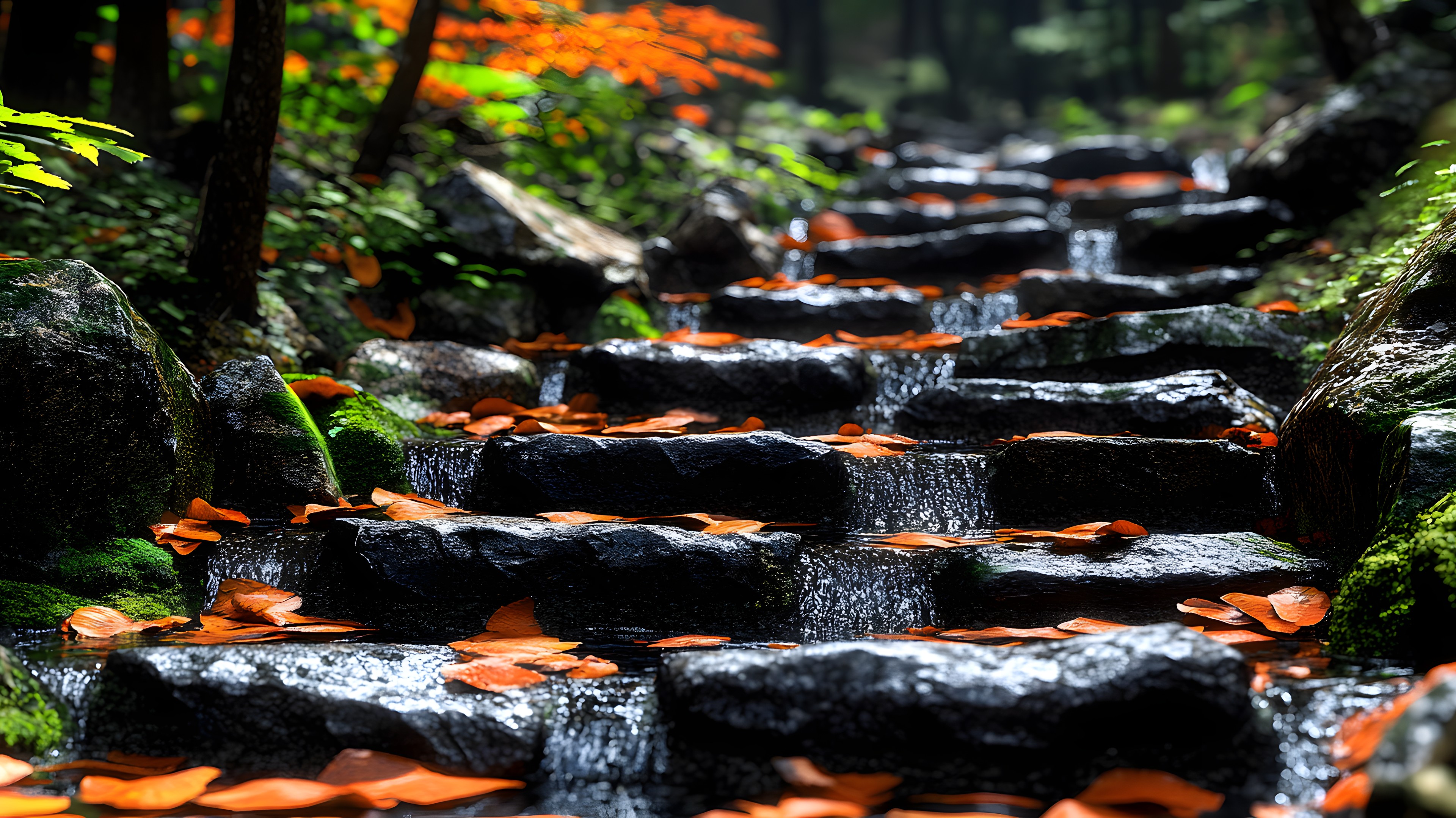 Leaf, Rock, Stairs, Forest, Autumn, Old-growth forest, Woodland, Valdivian temperate rain forest, Jungle, Northern hardwood forest, Temperate broadleaf and mixed forest, Vascular plant, Cobblestone, Bryophyte, Rainforest, Stream, State park