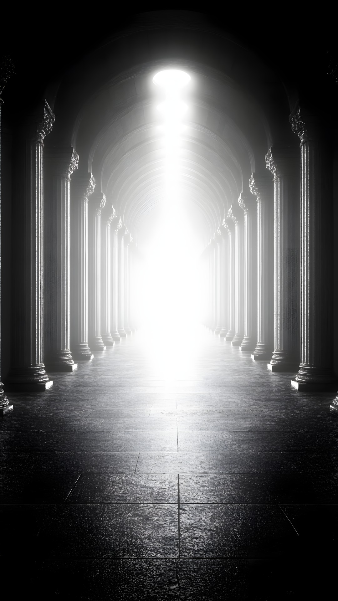 Photograph, White, Monochrome photography, Column, Arch, Black, Monochrome, Black and white, Darkness, Symmetry, Arcade, Shadow, Lens flare