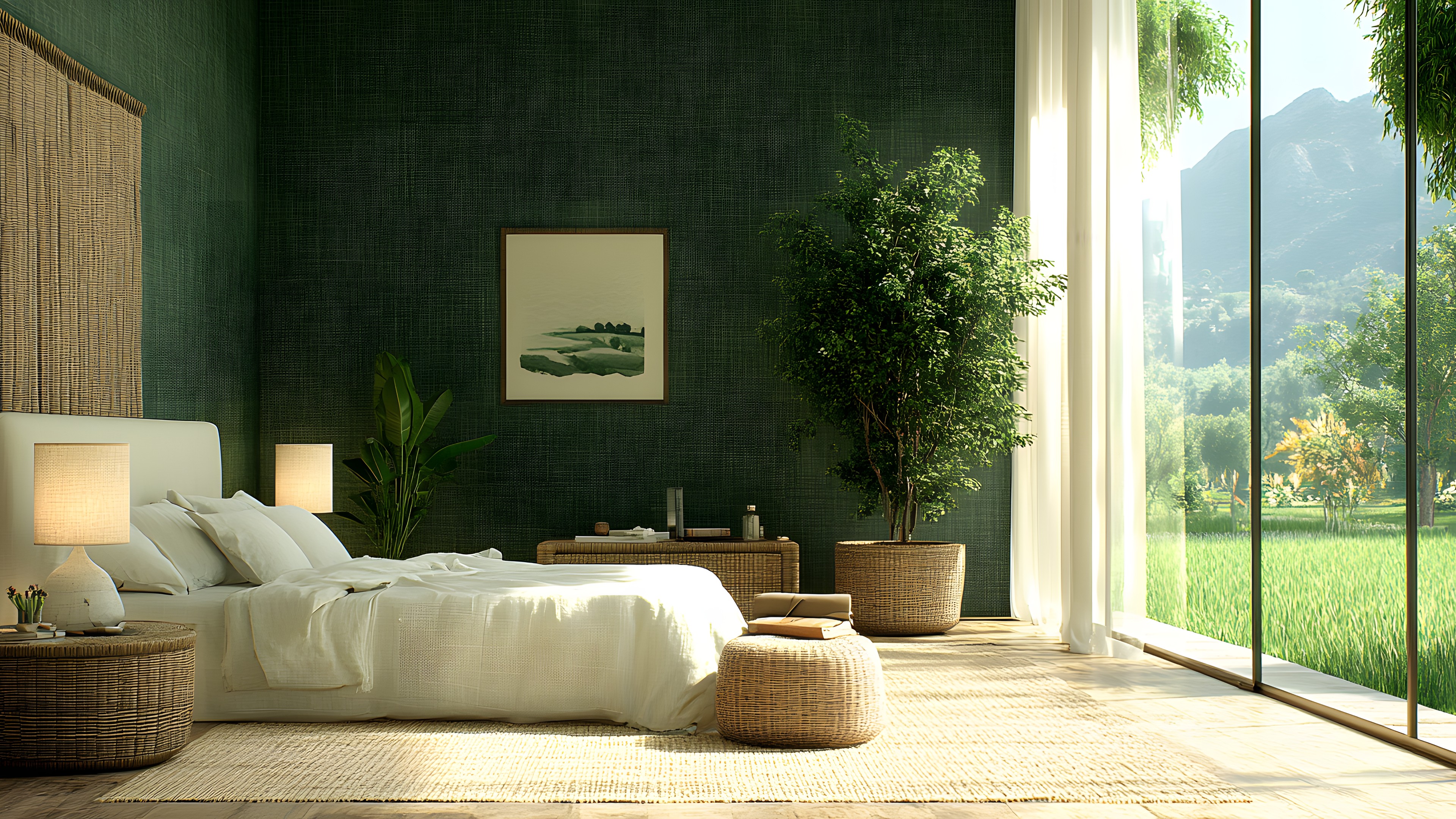 Plant, Building, Wood, Comfort, Textile, Shade, Rectangle, Flooring, Interior design, Floor, House, Line, Hardwood, Living room, Grass, Houseplant, Tints and shades, Window treatment, Ceiling, studio couch