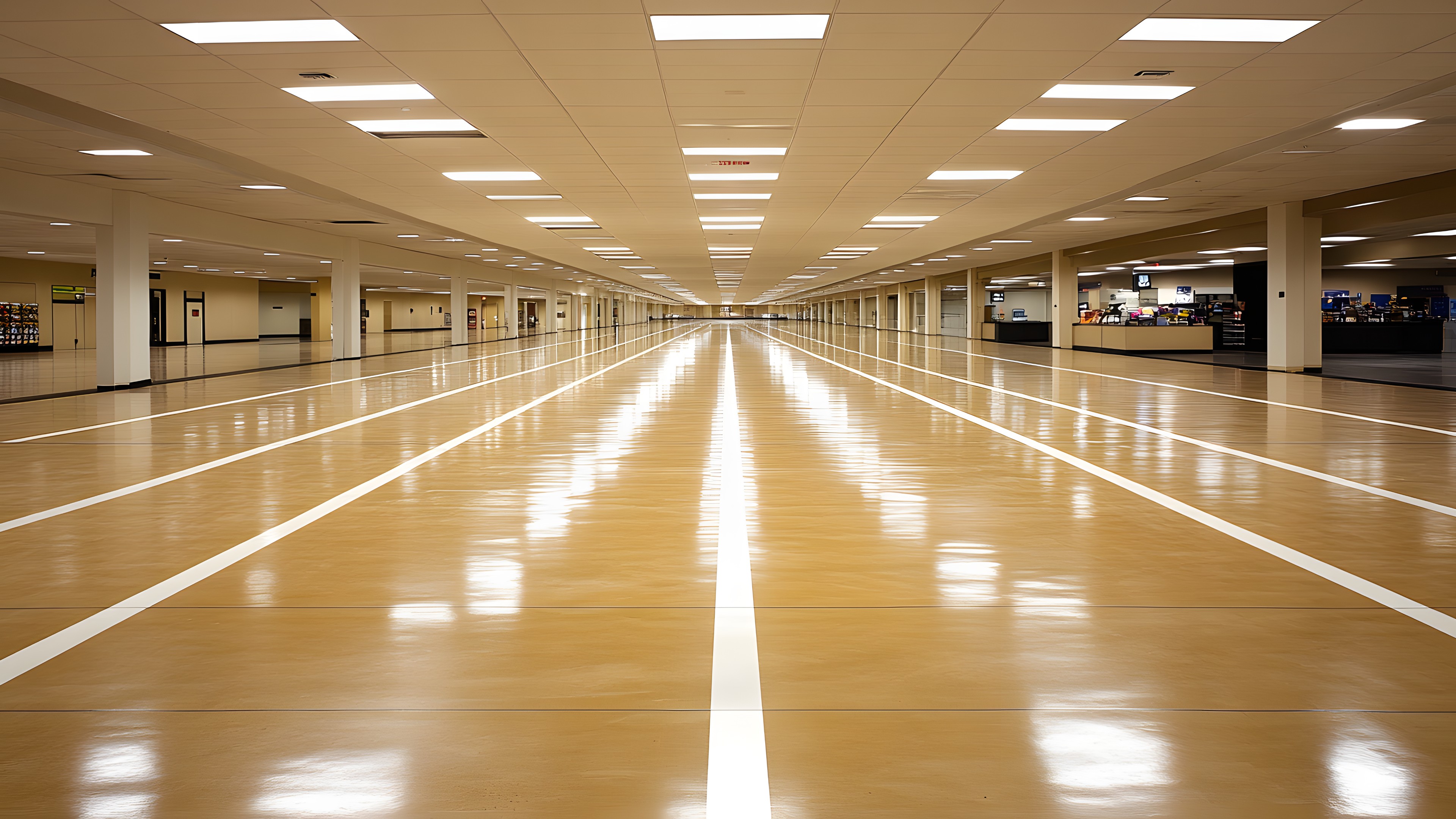 Fixture, Lighting, Architecture, Wood, Floor, Flooring, Building, Line, Tile flooring, Ceiling, Symmetry, Tints and shades, Hall, Hardwood, Design, Glass, Varnish, Retail, Metal, Fluorescent lamp