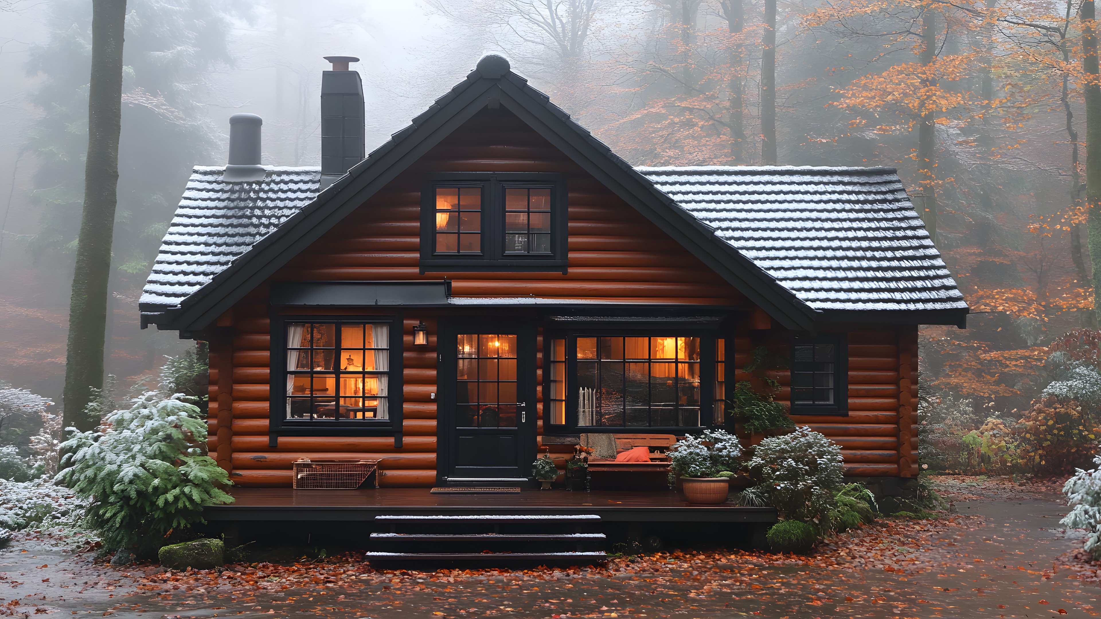 Plant, Building, Window, House, Wood, Door, Cottage, Tree, Porch, Residential area, Siding, Roof, Facade, Landscape, Tints and shades, Sky, Log cabin, Sash window, Evening, Suburb