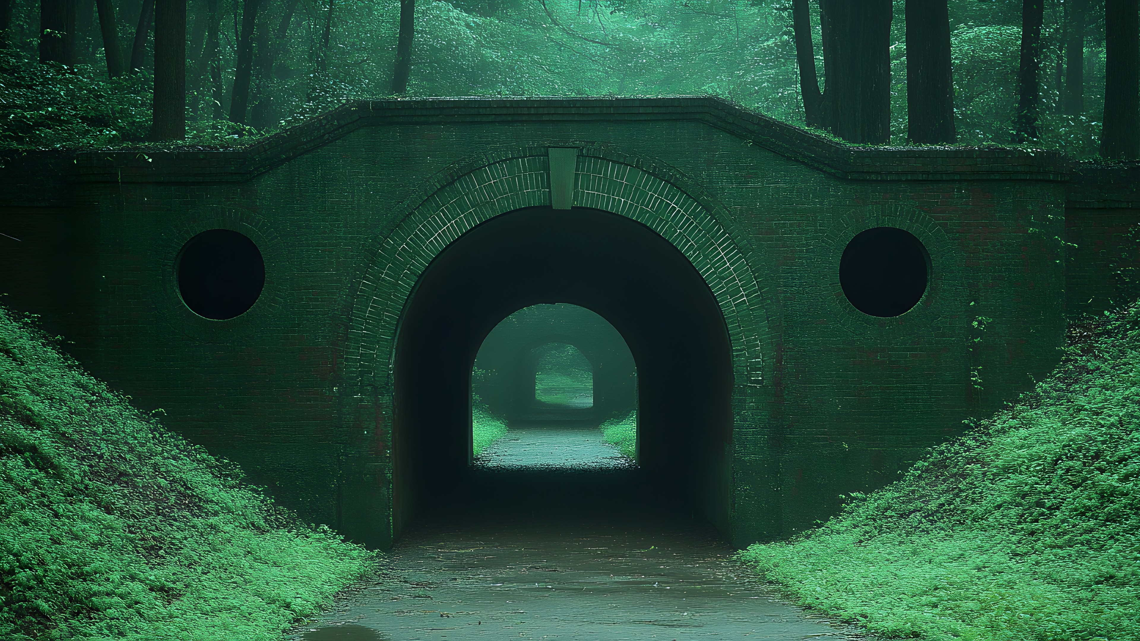 Green, Infrastructure, Line, Landmark, Road surface, Symmetry, Tints and shades, Arch, Darkness, Road, Tunnel, Electric blue, Grass, Concrete, Circle, Arcade, Fixture, Pattern, Night