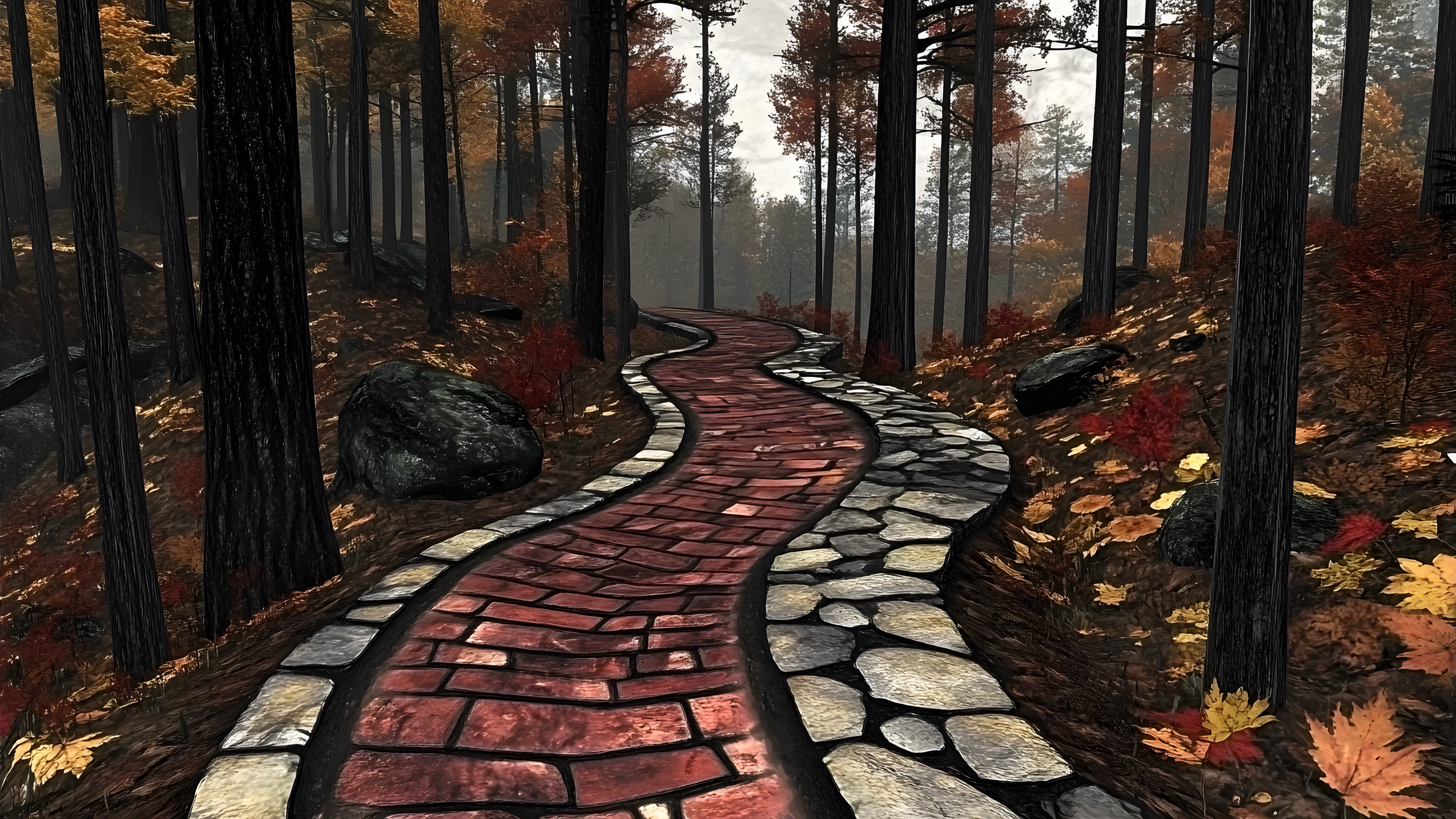 Forest, Trunk, Walkway, Cobblestone, Woody plant, Trail, Woodland, Grove, Autumn, Northern hardwood forest, Old-growth forest, Path, Temperate broadleaf and mixed forest, Spruce-fir forests