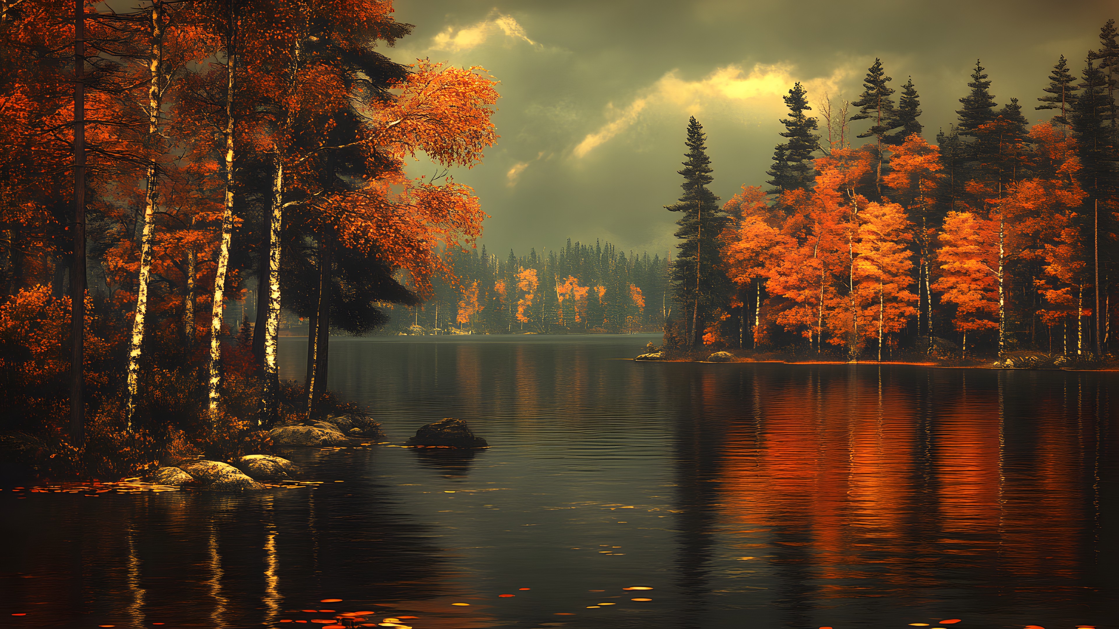 Body of water, Nature, Natural landscape, Forest, Reflection, Bank, atmospheric phenomenon, Orange, Lake, Trunk, Woodland, Bayou, Temperate broadleaf and mixed forest, Spruce-fir forests, River, Grove, Larch, Fluvial landforms of streams, Northern hardwood forest, Loch