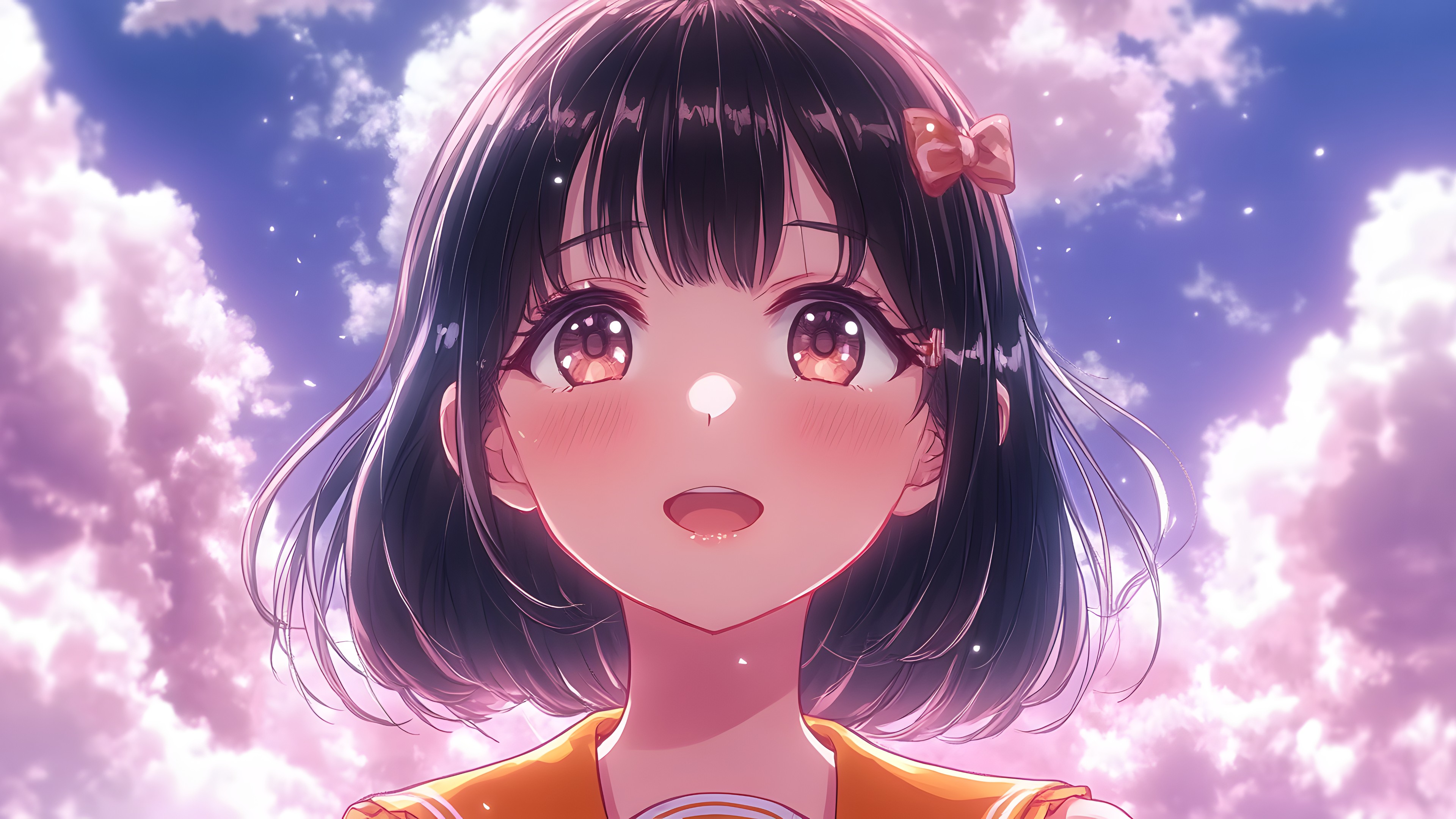 Hairstyle, Eye, Facial expression, Black hair, Eyelash, Long hair, CG artwork, Happiness, Cartoon, Brown hair, Anime, Bangs, Gesture, Animated cartoon, Hime cut, Layered hair, Step cutting, Animation, Throat, Wings