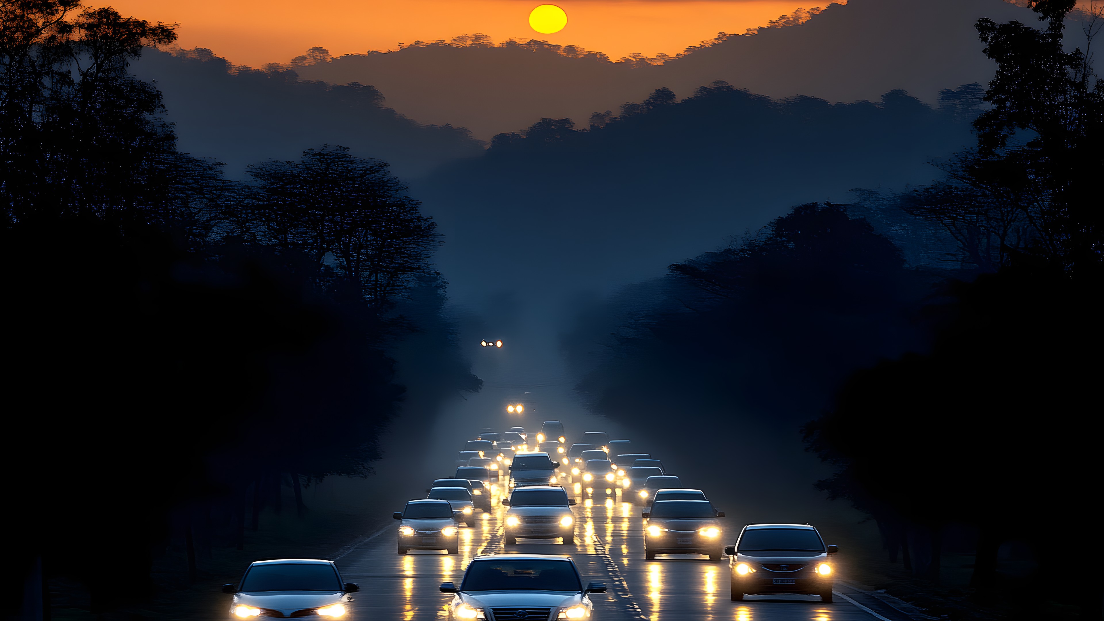 Car, Land vehicle, Sky, Vehicle, Atmosphere, Automotive lighting, Light, Cloud, Tree, Nature, Mountain, Lighting, Atmospheric phenomenon, Sunlight, Dusk, Thoroughfare, Automotive design, Morning, Road surface, Road