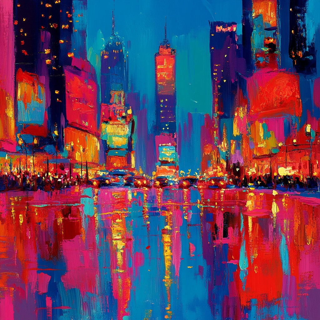 Red, Orange, Reflection, Metropolis, Paint, Cityscape, Skyscraper, Modern art, Skyline, Art Paint, Acrylic paint, Watercolor painting, High-rise building