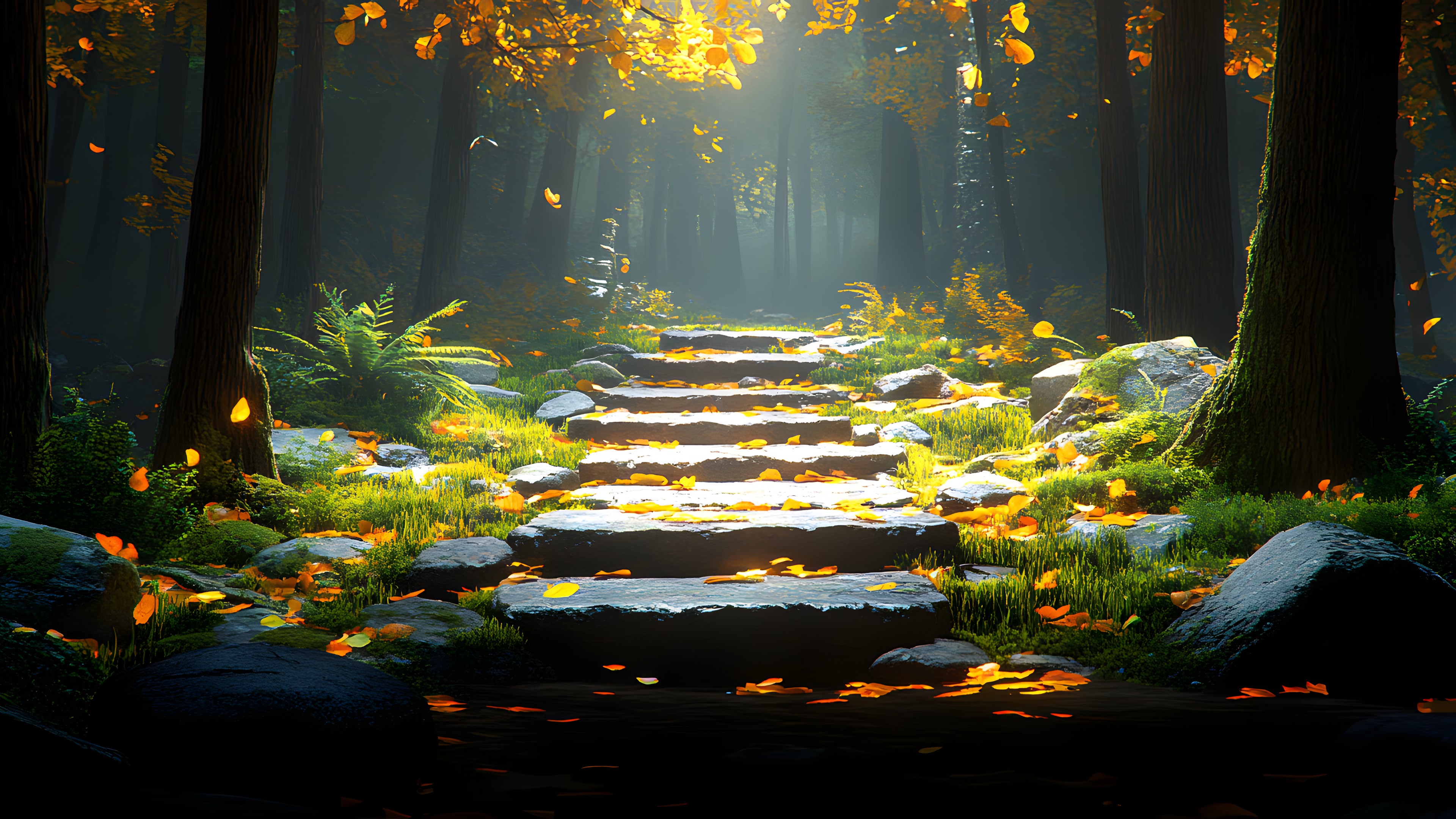 Nature, Natural landscape, Forest, Sunlight, Trunk, Woody plant, Woodland, Old-growth forest, Jungle, Trail, Walkway, Northern hardwood forest, Landscaping, Autumn, Shadow, Landscape lighting, Grove, Night, Temperate broadleaf and mixed forest, Rainforest