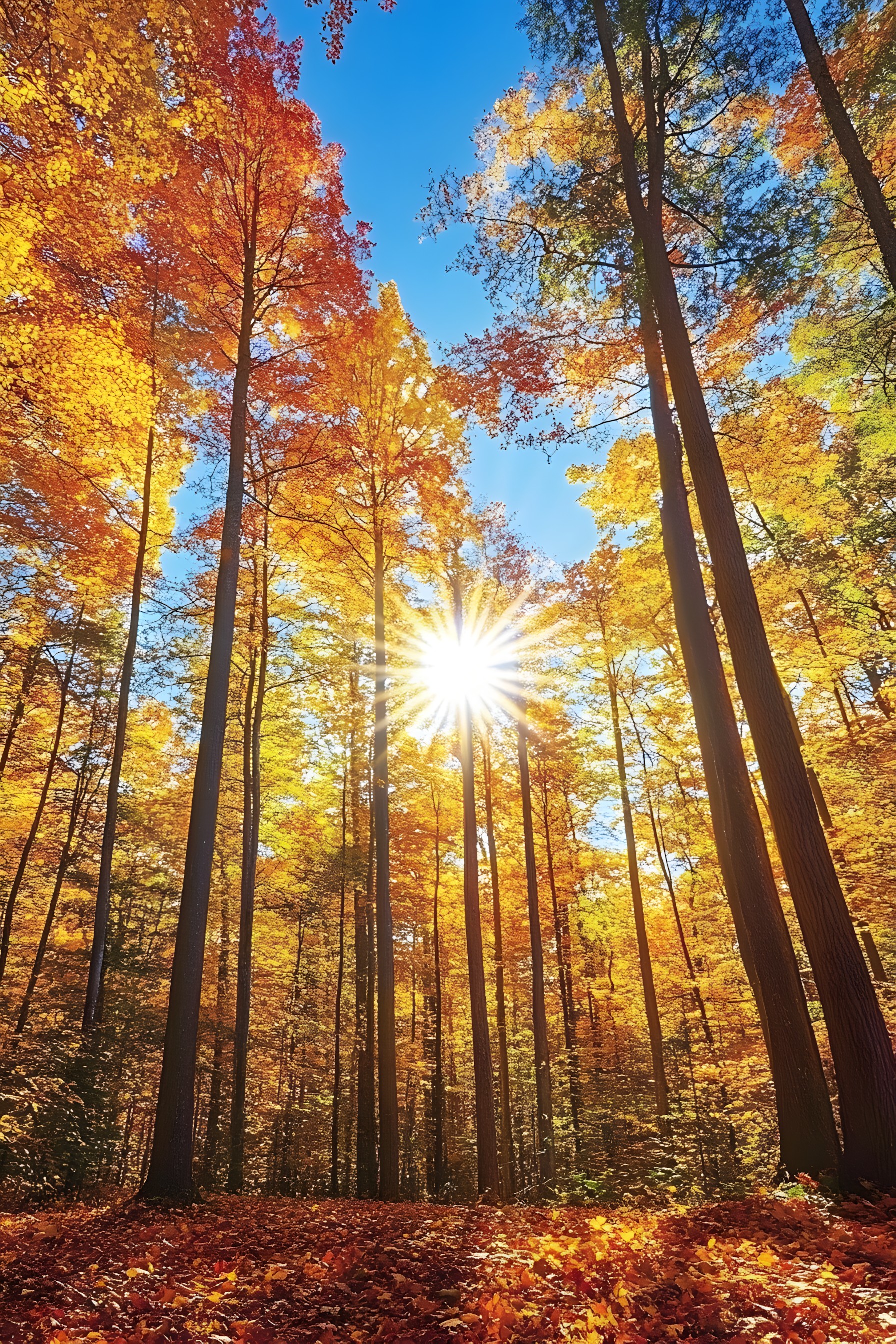 Leaf, Nature, Branch, Natural environment, Wood, Yellow, Sun, Orange, Forest, Grove, Sunlight, Northern hardwood forest, Trunk, Woodland, Twig, Temperate broadleaf and mixed forest, Autumn, Morning, Woody plant, Old-growth forest