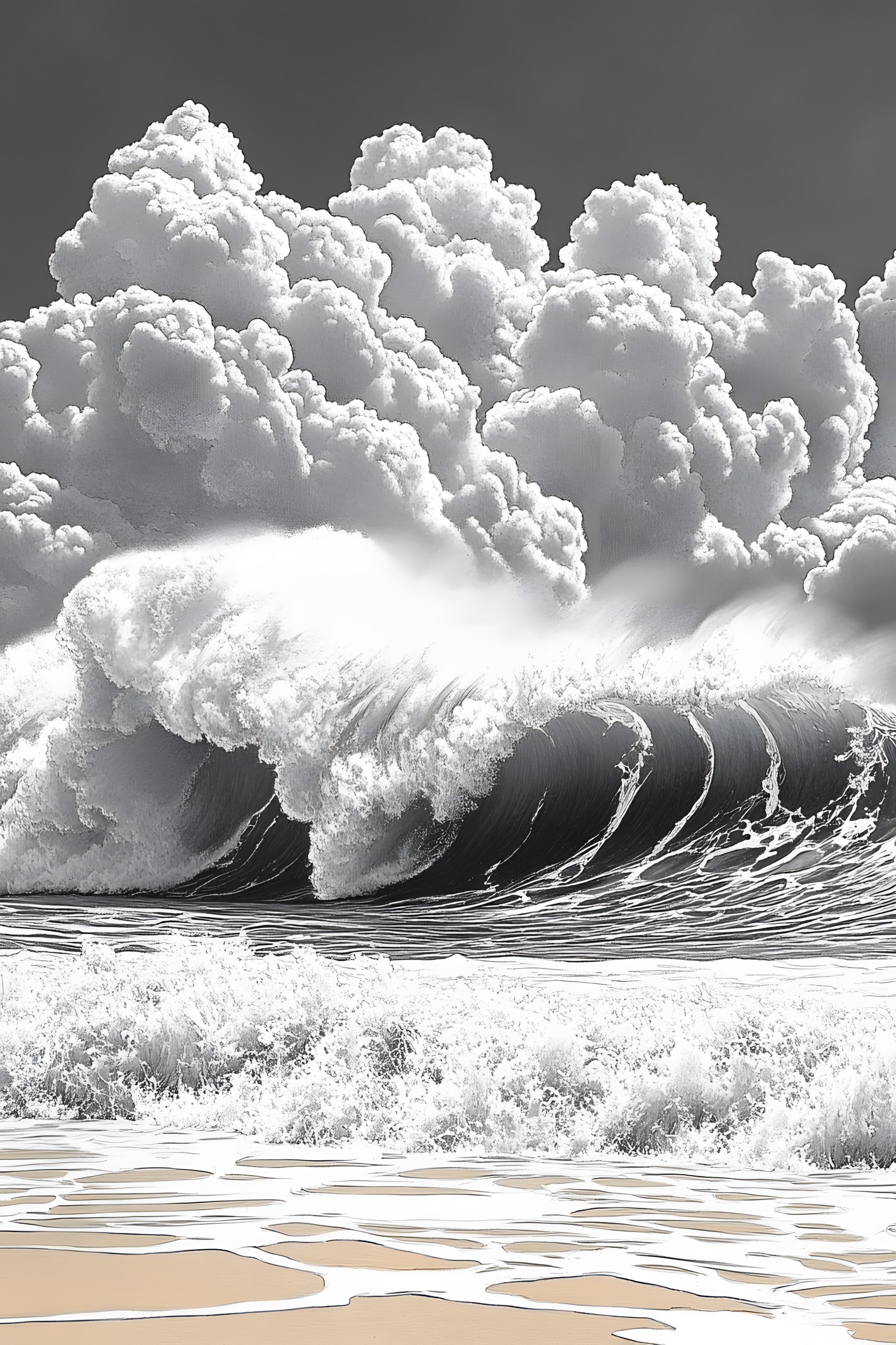 White, Monochrome photography, Fluid, Wave, Liquid, Sea, Wind wave, Cloud, Ocean, Black and white, Monochrome, Wind, Meteorological phenomenon, Cumulus, Tsunami, Beach