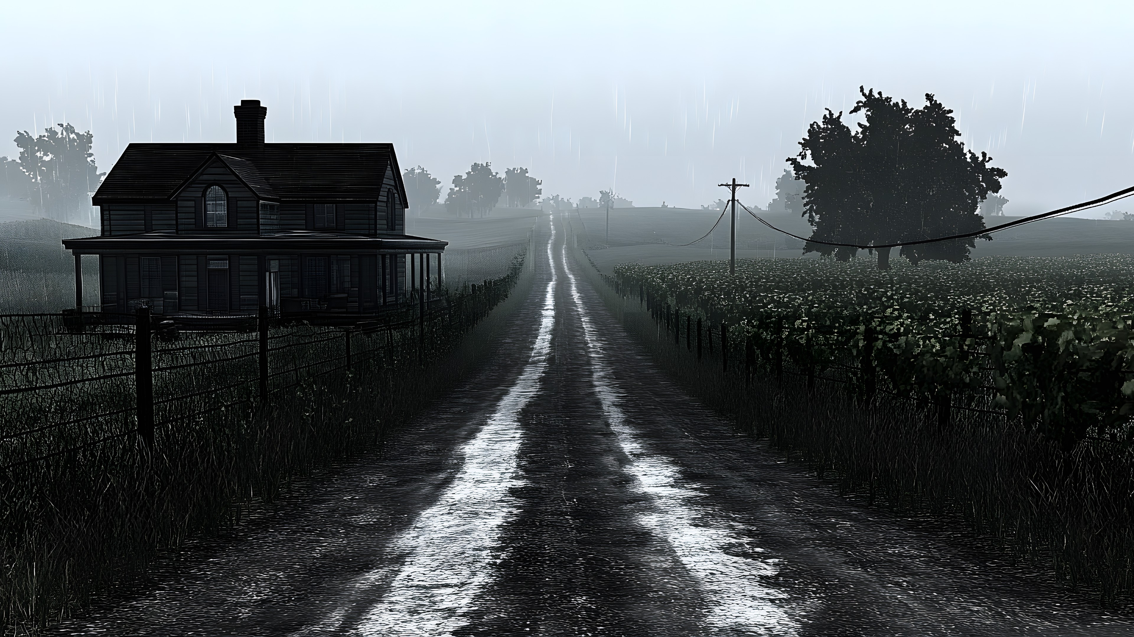 atmospheric phenomenon, Rural area, Agriculture, Field, Monochrome, Farm, Mist, Evening, Village, Fog, Plantation, Haze, Fence, Croft