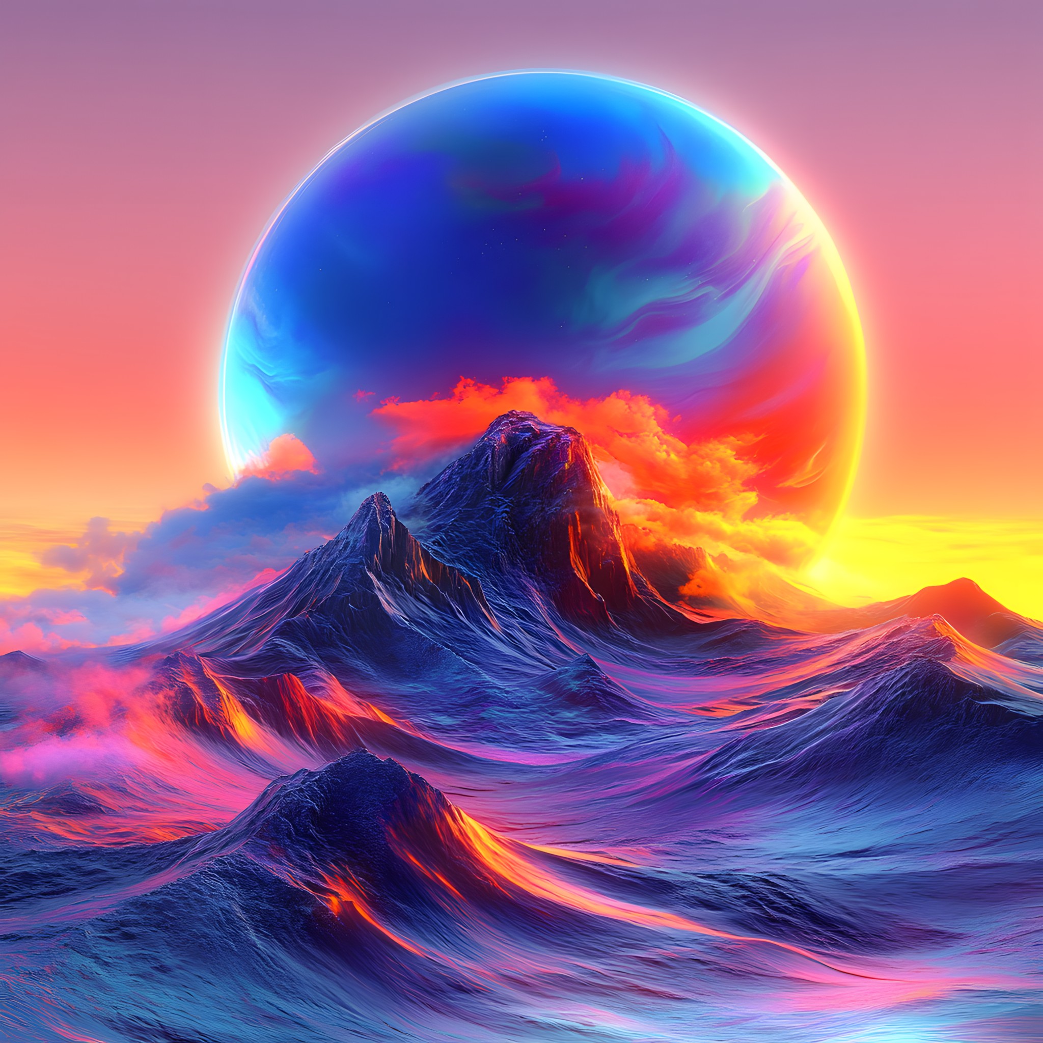 Blue, Red, Astronomical object, Orange, Red sky at morning, Sea, Ocean, geological phenomenon, Meteorological phenomenon, Sunrise, Universe, Afterglow, Sphere, Planet, Sunset, Wind wave, Dusk, Graphics, Sun, Astronomy