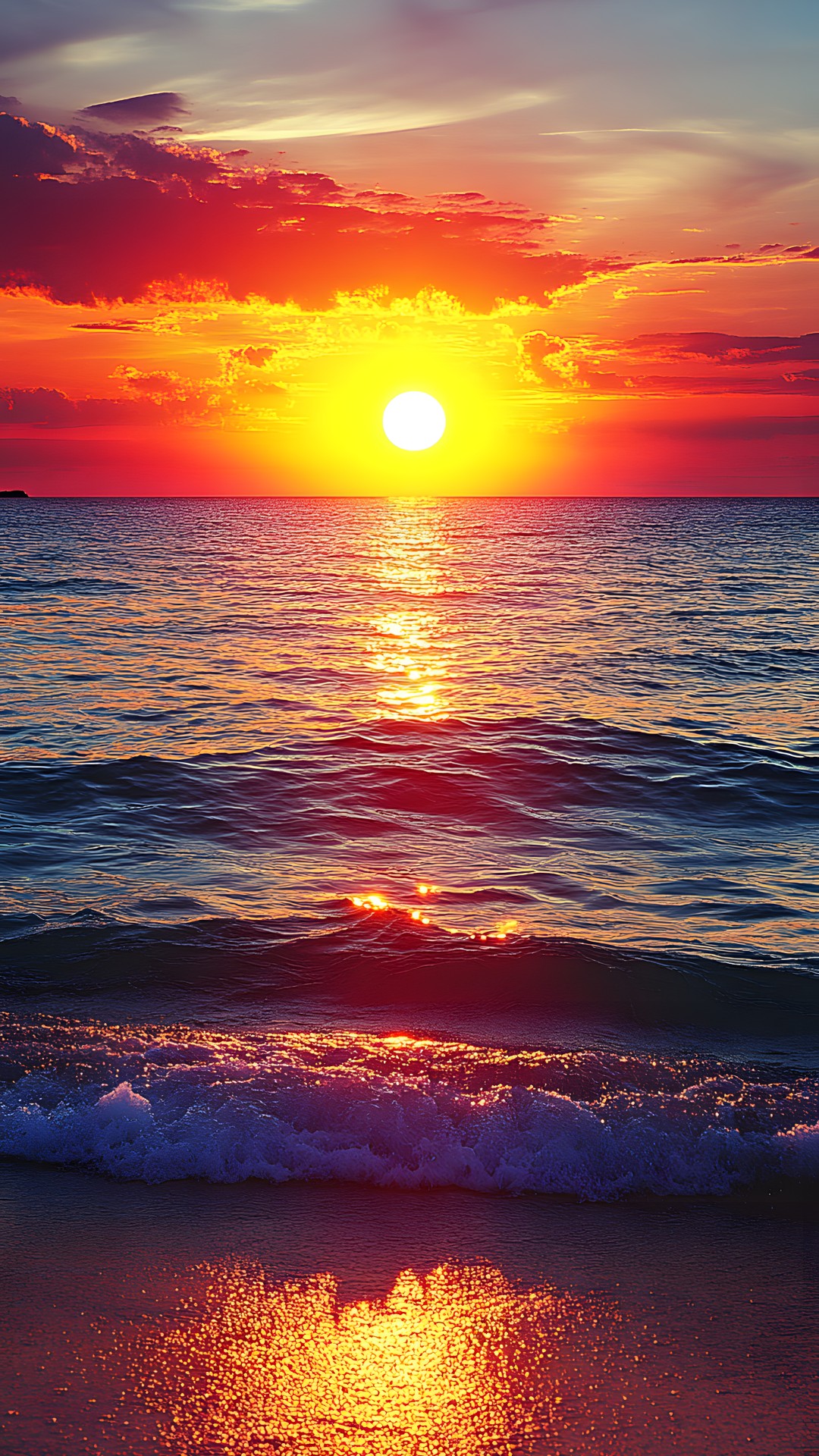 Sun, Afterglow, Horizon, Sunset, Red, Orange, Dusk, Yellow, Sunrise, Fluid, Astronomical object, Sea, Red sky at morning, Cloud, Liquid, Ocean, Evening, Beach, Wave, Sunlight