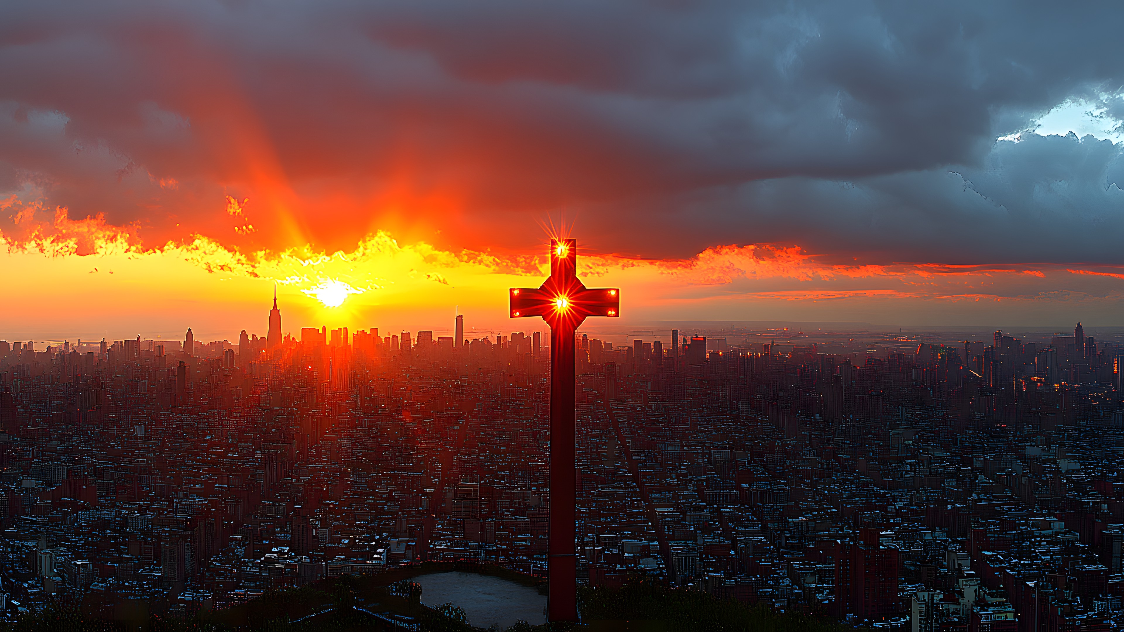 Orange, Dusk, Afterglow, Horizon, Sunset, Evening, Sunrise, Cross, Red sky at morning, Religious Item, Morning, Sunlight, Dawn, Skyline, Cityscape, Heat, Backlighting, Sun, Astronomical object, High-rise building