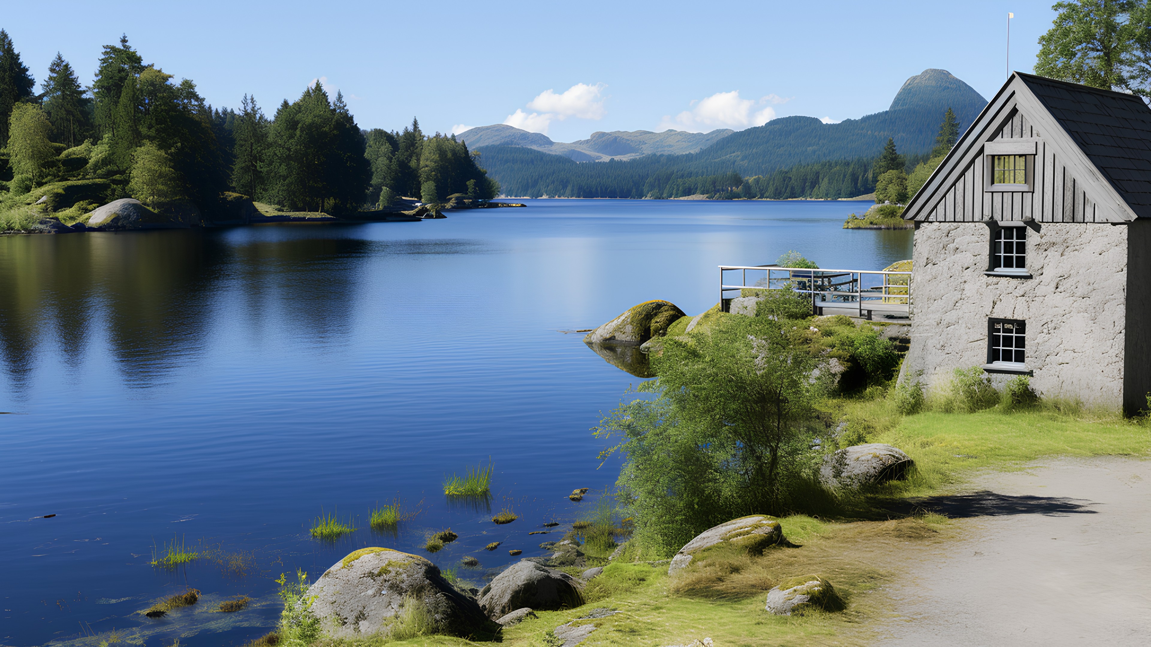 Water, Sky, Plant, Water resources, Mountain, Building, Cloud, Window, Natural landscape, Azure, Nature, Tree, Natural environment, Lake, Highland, Watercourse, House, Biome, Bank, Wood