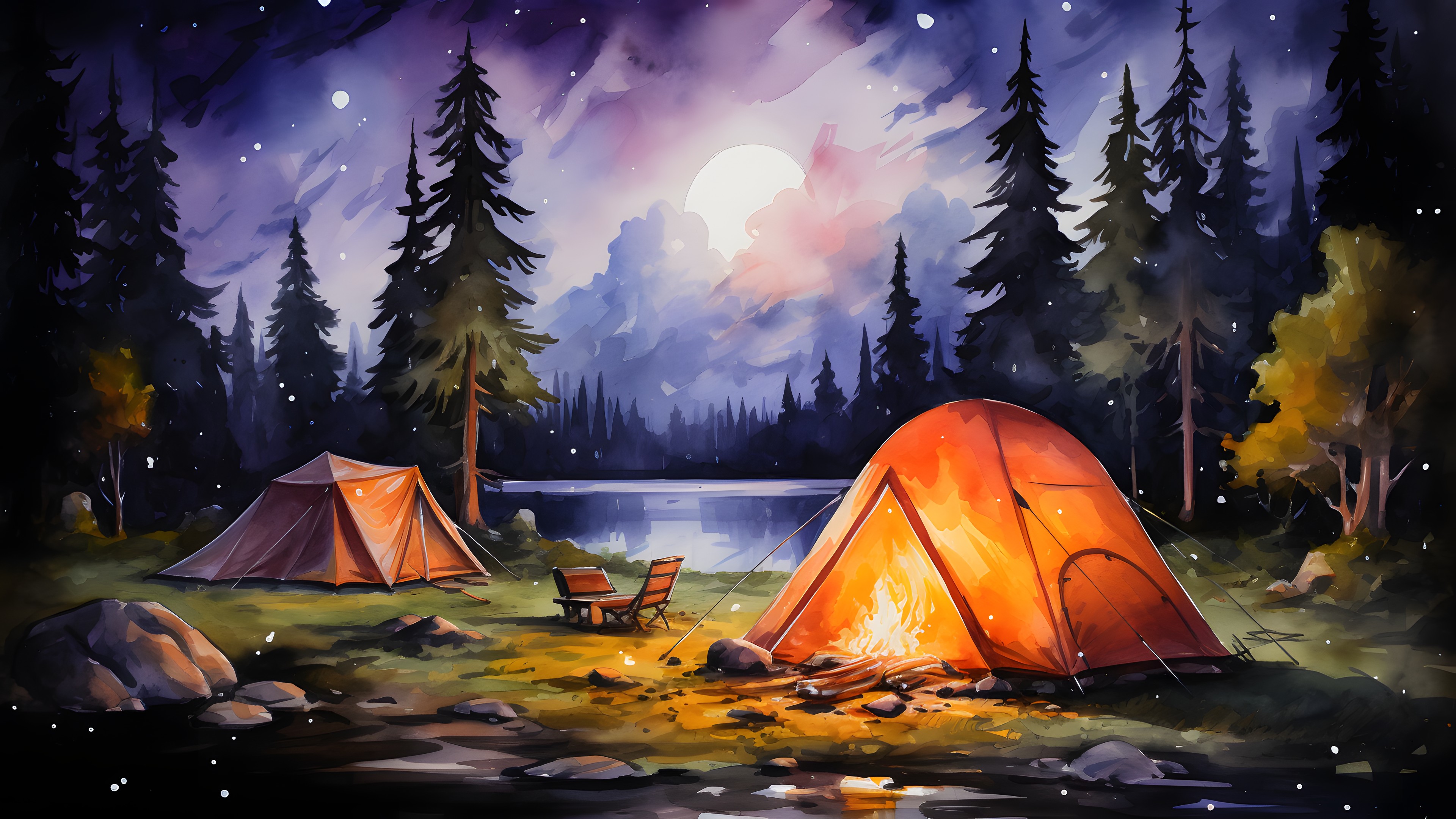 Tent, Light, Plant, Natural environment, Natural landscape, Tree, Sky, Lighting, Art, Biome, Entertainment, People in nature, Landscape, Camping, Painting, Morning, Tints and shades, Leisure, Forest, Paint