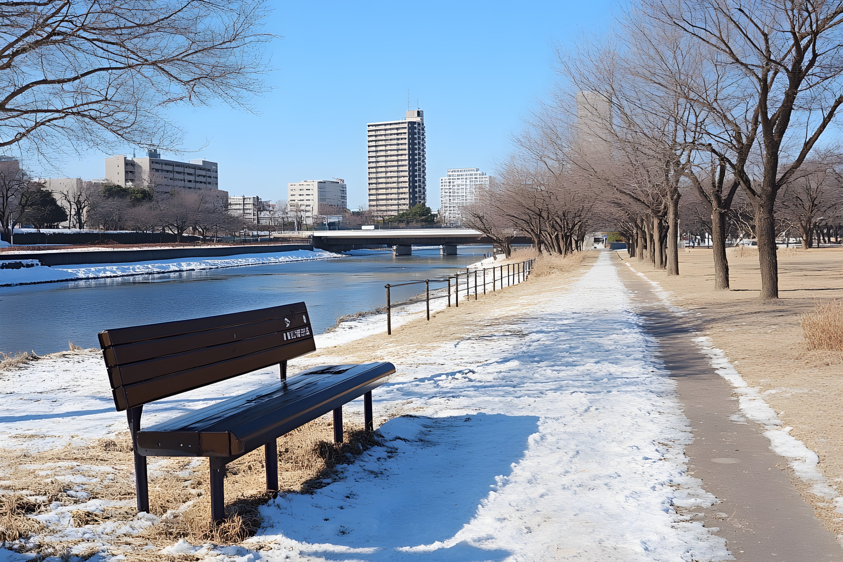 Winter, Snow, Freezing, Morning, Twig, High-rise building, Reflection, Walkway, Canal, Evening, Shadow, Bridge, Precipitation