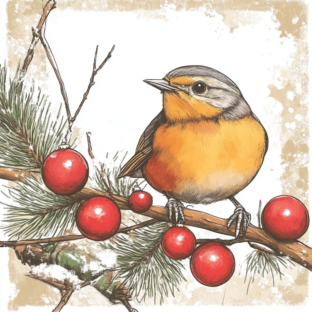 Bird, Twig, European robin, Songbirds, Fruit, Beak, Produce, Passerine, Old world flycatchers, Feather, Berry, American robin, Wren, Holiday Ornament, Holly, Clip art, Mountain-ash