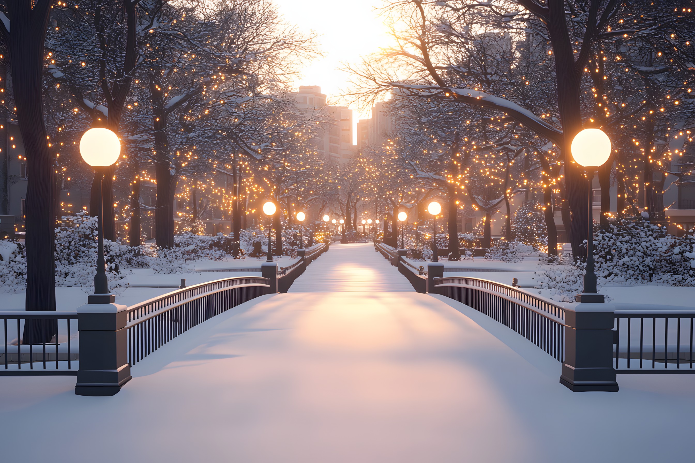 Winter, Branch, Snow, Lighting, Street light, Freezing, Twig, Security lighting, Precipitation, Evening, Light fixture, Bridge, Frost, Winter storm, Dusk, Night, Landscape lighting, Fence