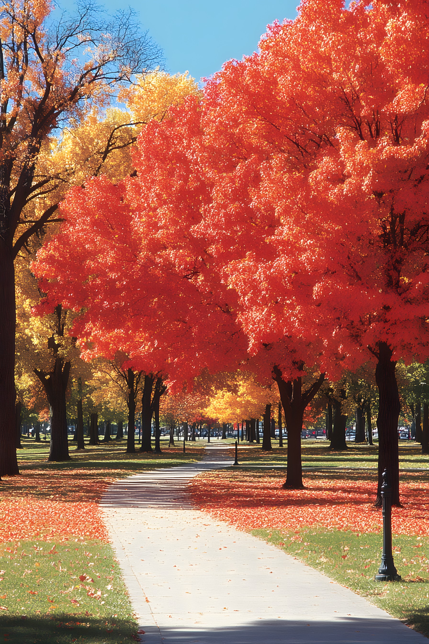 Leaf, Branch, Nature, Red, Tree, Orange, Twig, Trunk, Autumn, Woody plant, Sunlight, Shade, Park, Maple, Sugar maple, Grove, Shadow, Walkway