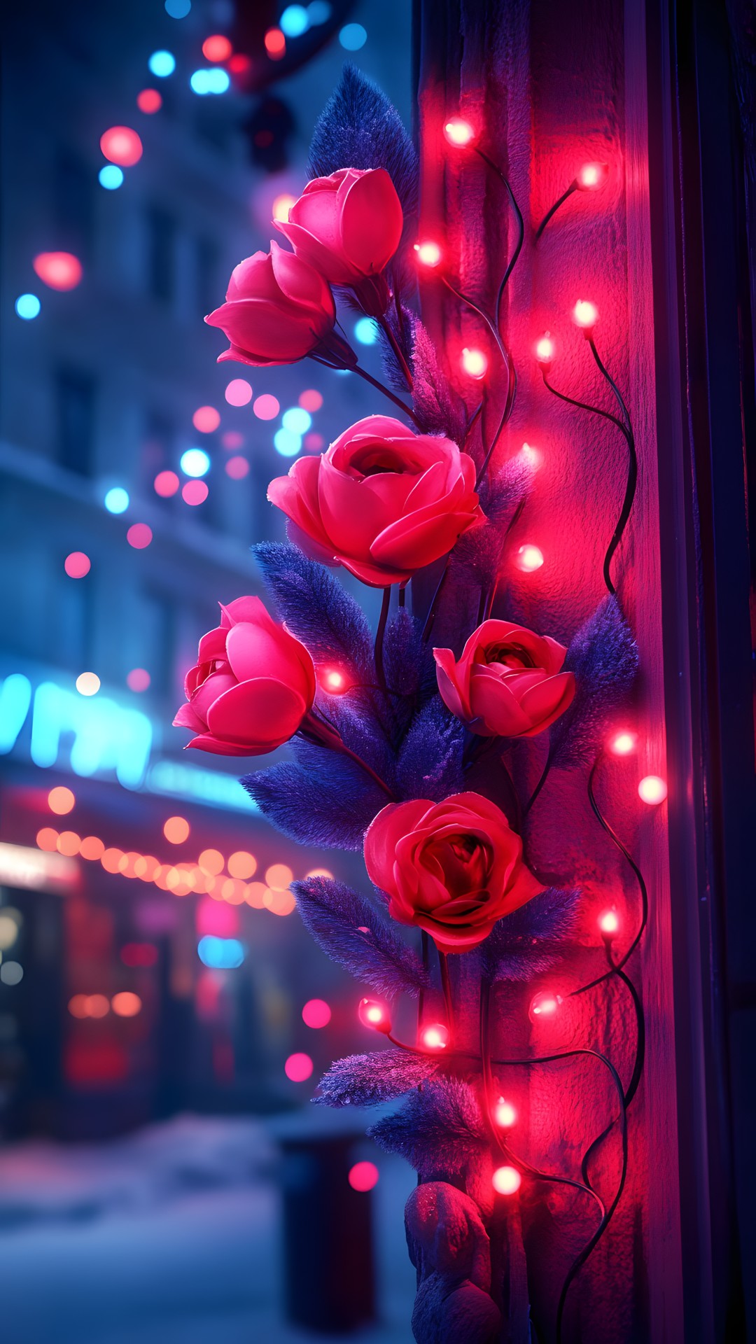 Flower, Window, Light, Plant, Blue, Branch, Christmas ornament, Petal, Christmas decoration, Automotive lighting, Red, Pink, Ornament, Magenta, Electric blue, Holiday, Christmas, Event, Darkness, Flower Arranging