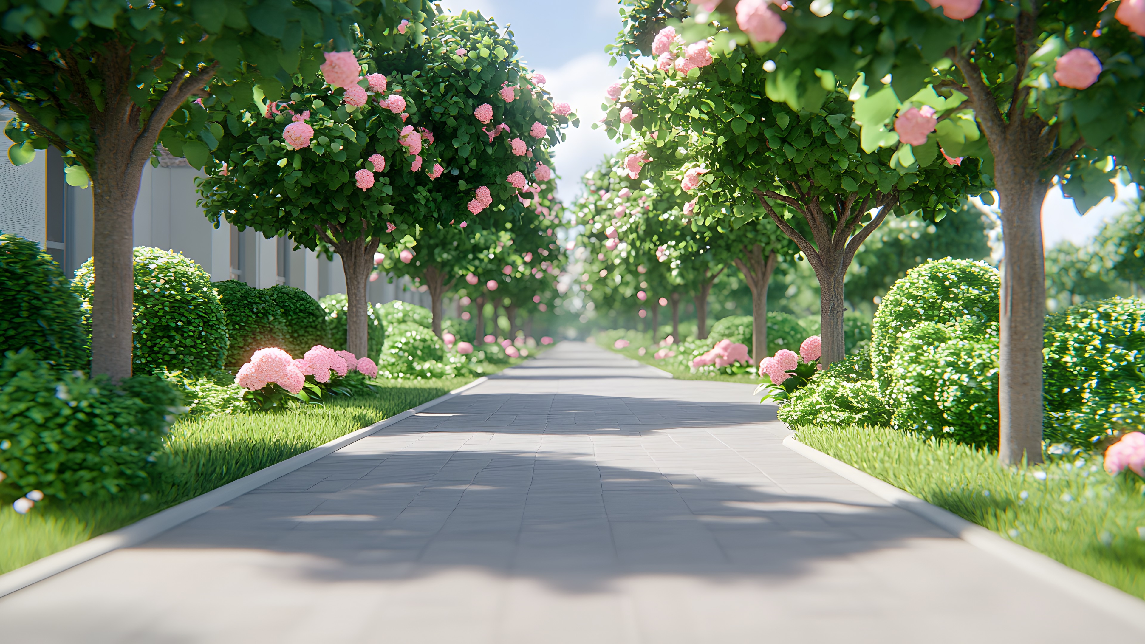 Shrub, Garden, Pink, Spring, Landscaping, Hedge, Botanical garden, Perennial plant, Rose family, Walkway, Plantation, Hydrangea, Cornales, Geraniums