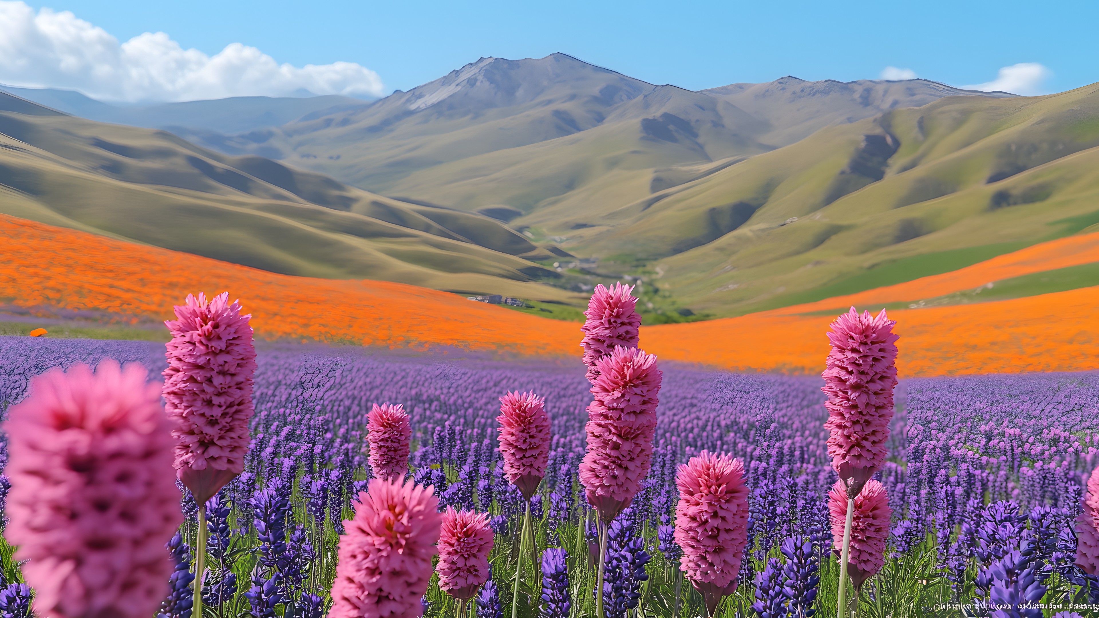 Flower, Mountain range, Field, Flowering plant, Meadow, Prairie, Valley, Wildflower, Ridge, Steppe, Herbaceous plant, Lavender, Alps, Agriculture, Panorama, Perennial plant, Lupine, Forb, Massif, Plantation