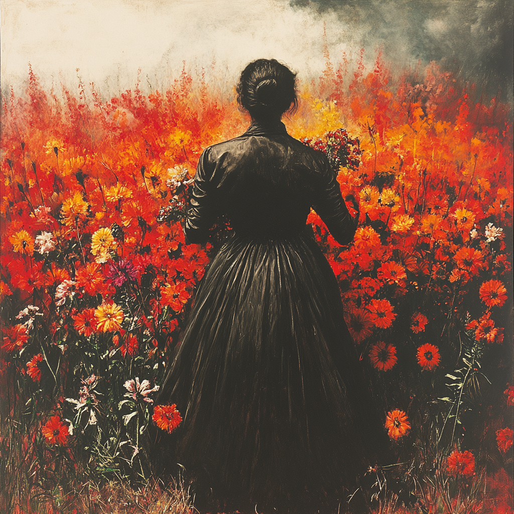 Orange, Painting, Visual arts, Art Paint, Modern art, Gown, Watercolor painting, Acrylic paint, Paint, Poppies, Wildflower, Floral design, Victorian fashion