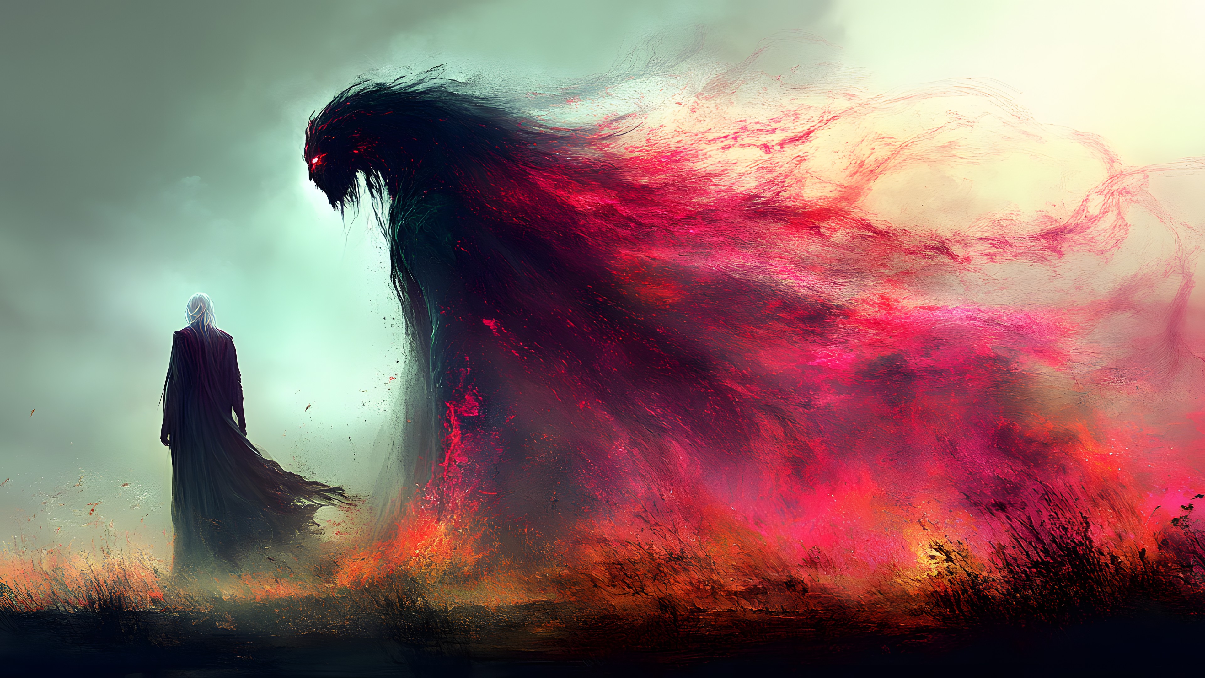 Red, Fictional character, CG artwork, Animation, Supernatural creature, Cloak, Wind, Demon, Fiction, Haze, Fog