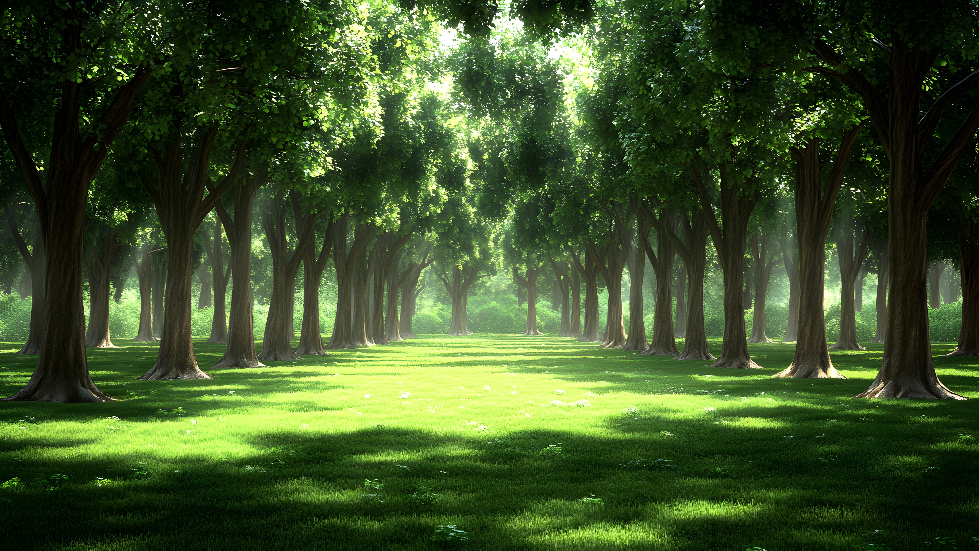 Green, Grass, Nature, Natural environment, Leaf, Natural landscape, Vegetation, Forest, atmospheric phenomenon, Trunk, Grasses, Woody plant, Grove, Sunlight, Spring, Woodland, Lawn, Shade, Garden, Plantation