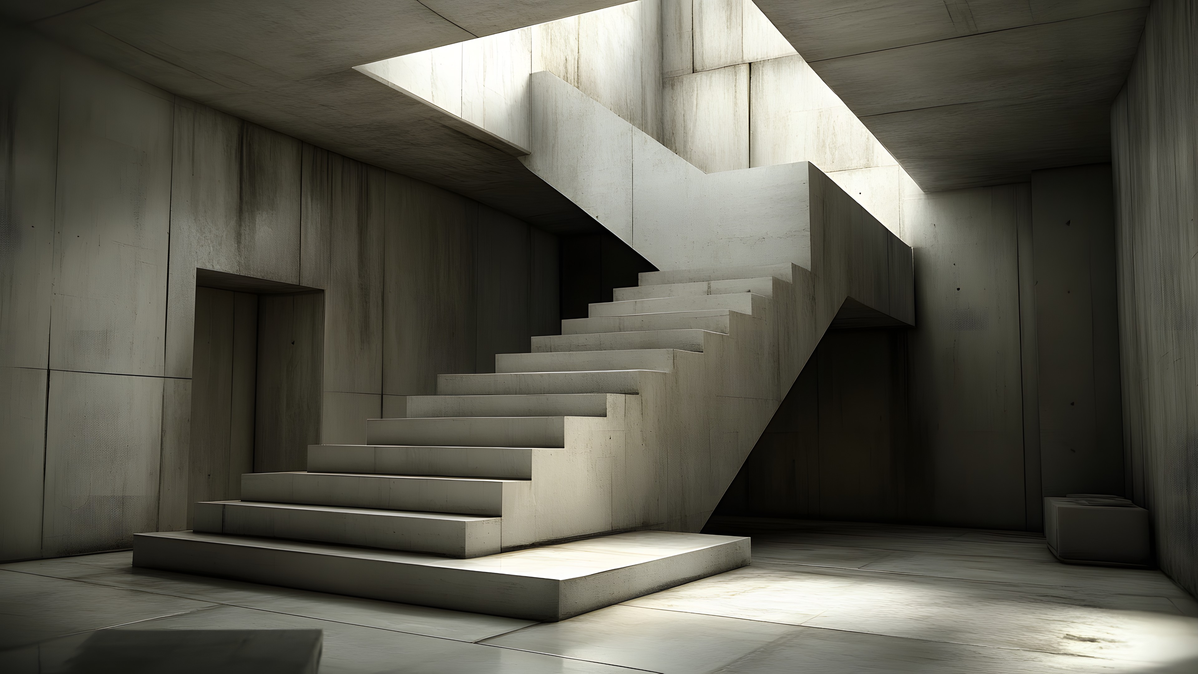 Stairs, Wood, Grey, Building, Composite material, Tints and shades, Flooring, Ceiling, Symmetry, Concrete, Art, Monochrome photography, Rectangle, Facade, Monochrome, Handrail, Building material, Darkness, Column, Room