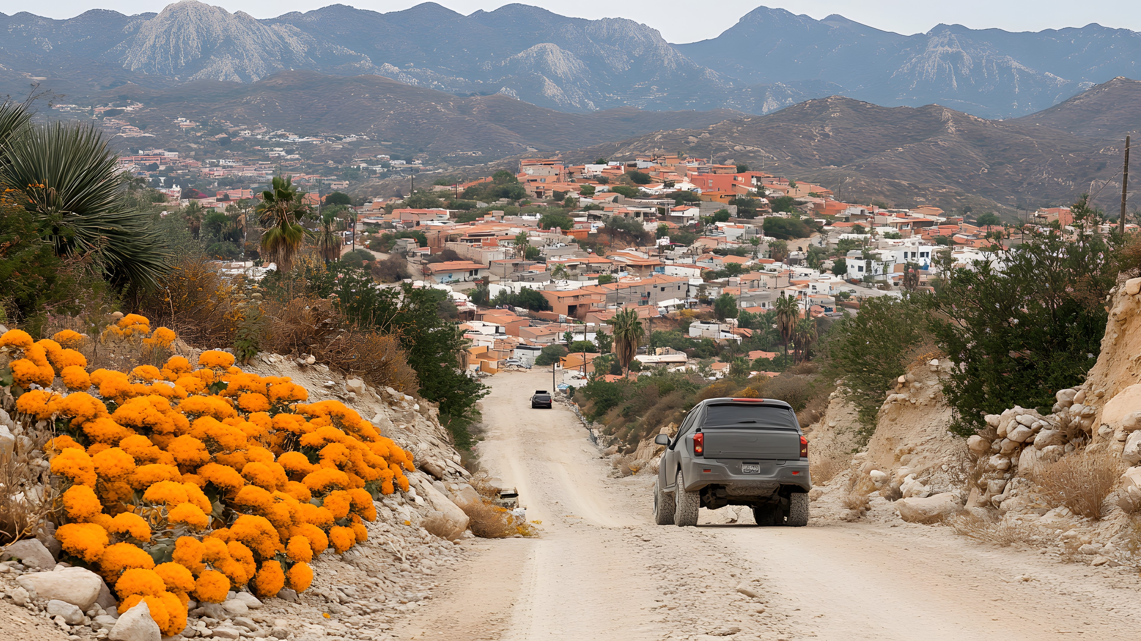 Vegetation, Plant community, Slope, Village, Trail, Chaparral, Shrubland, Mountain Village, Dirt road, Road trip, Mountain pass, Palm trees